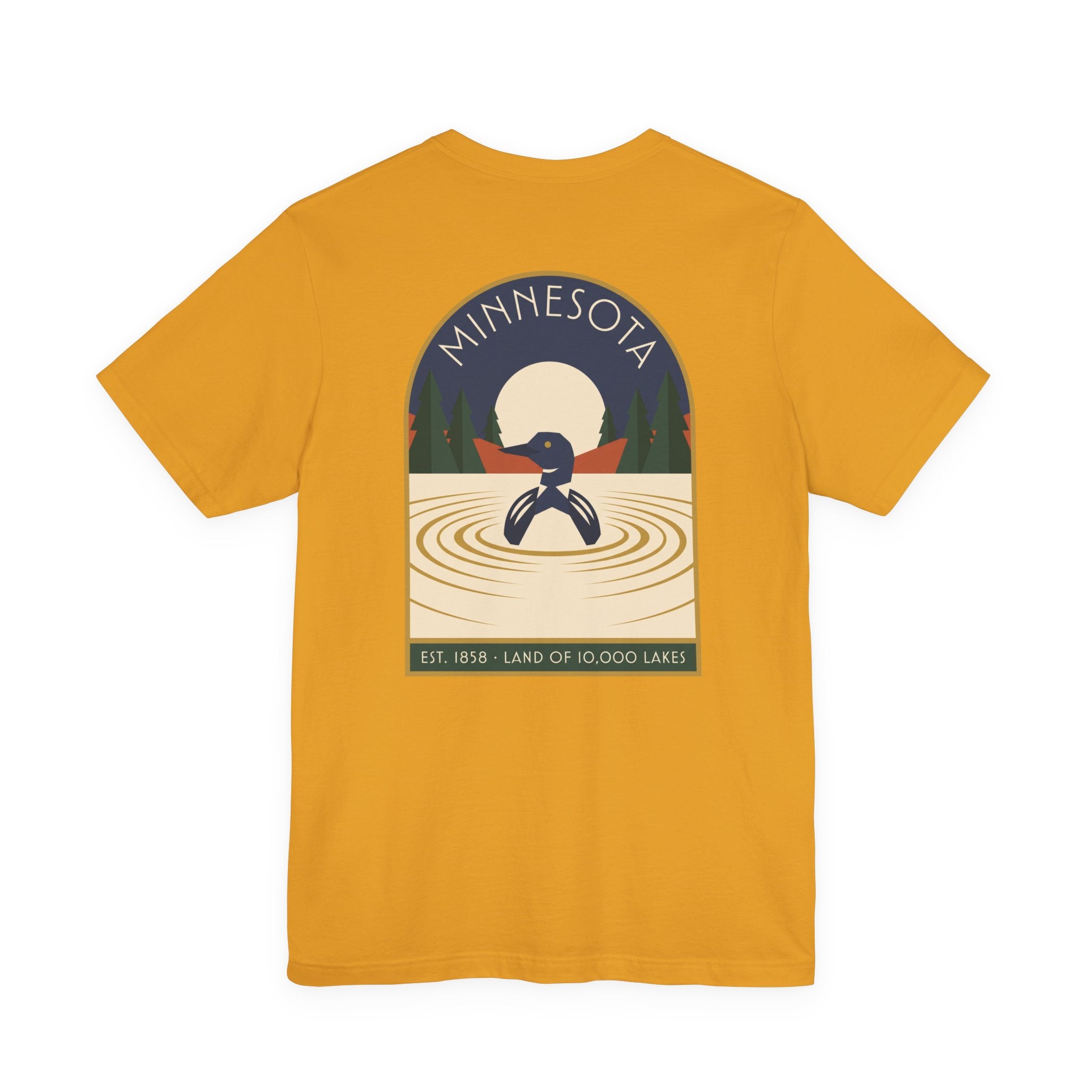 Mustard yellow art deco T-shirt with Minnesota loon lake graphic emblem on front