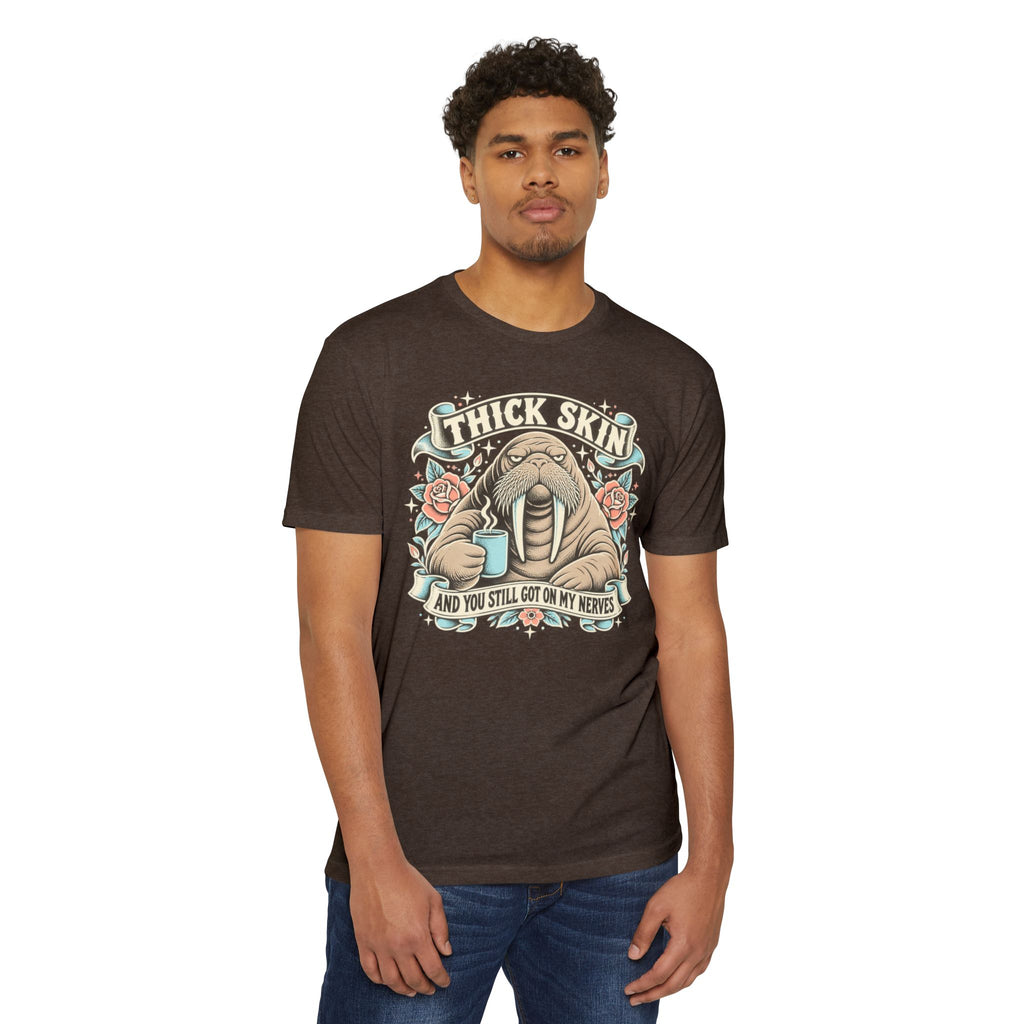 Dark brown crewneck T-shirt with walrus coffee graphic front on model