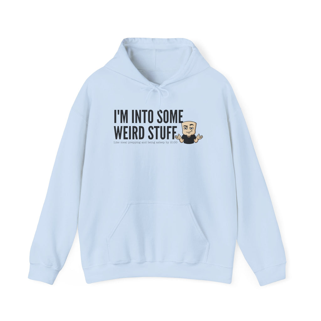 Light blue hoodie with front text graphic and kangaroo pocket