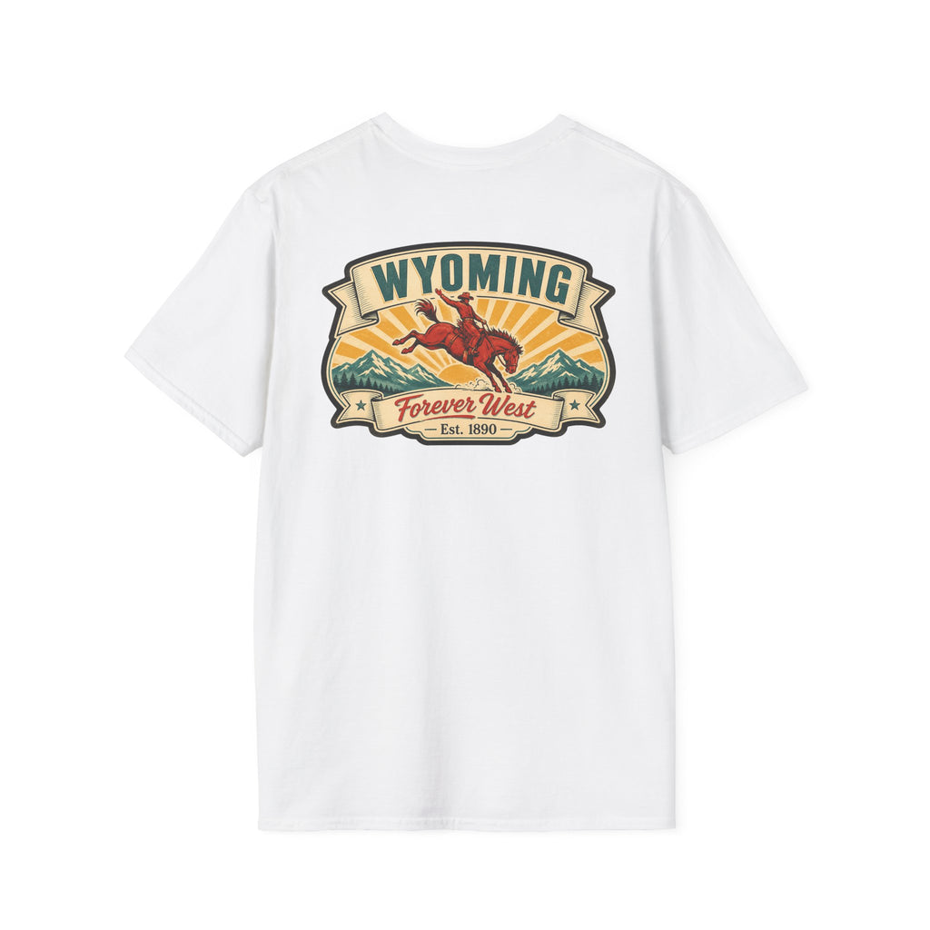 White Wyoming graphic T-shirt with cowboy hat banner and landscape logo at chest