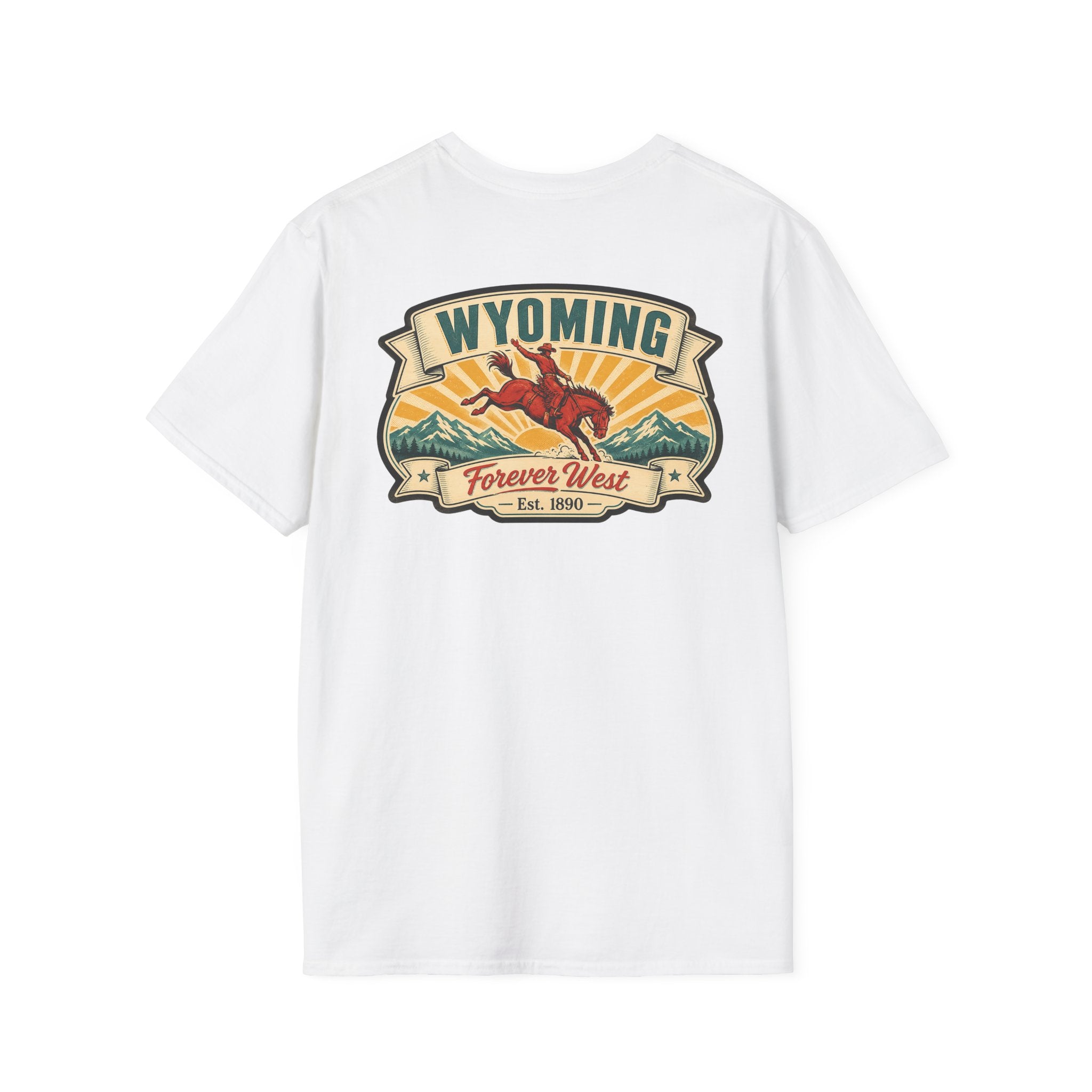 White Wyoming graphic T-shirt with cowboy hat banner and landscape logo at chest