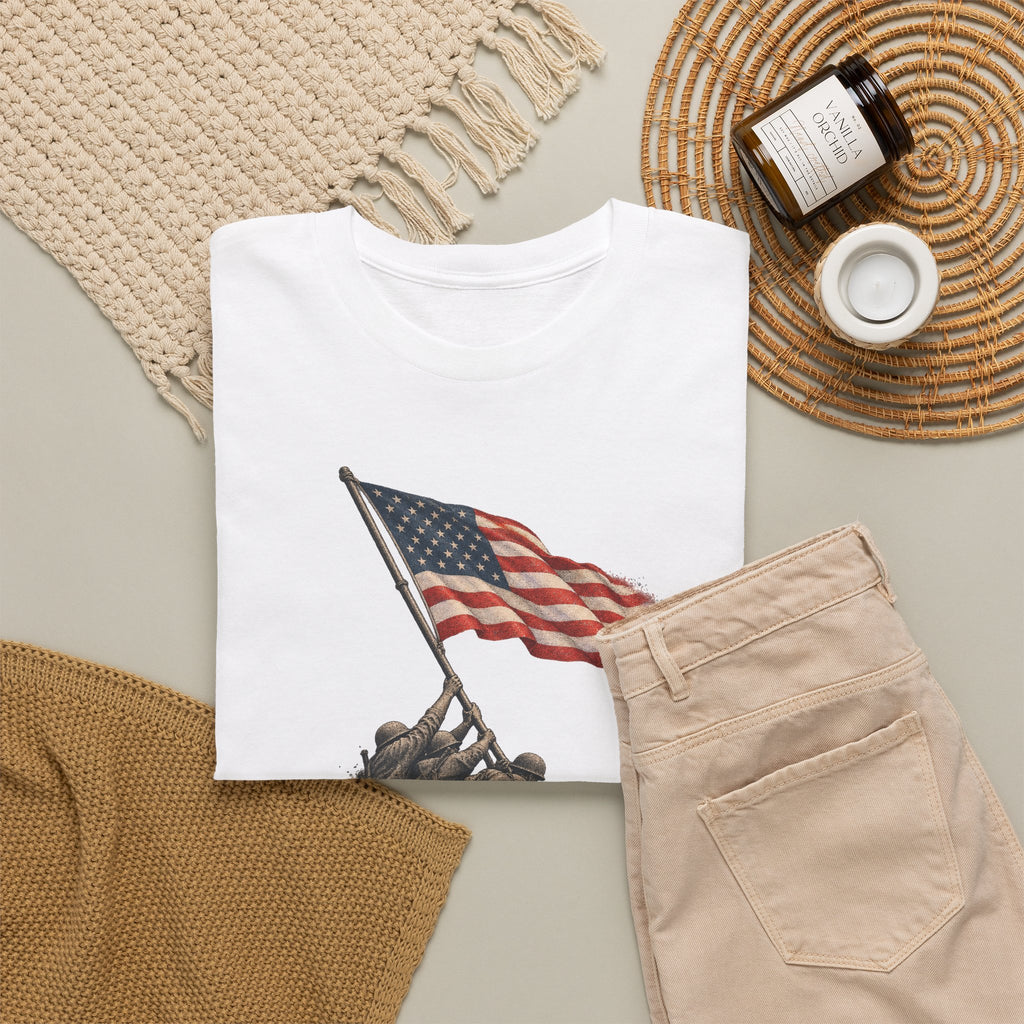 White crewneck T-shirt with flag-raising soldier graphic on the front