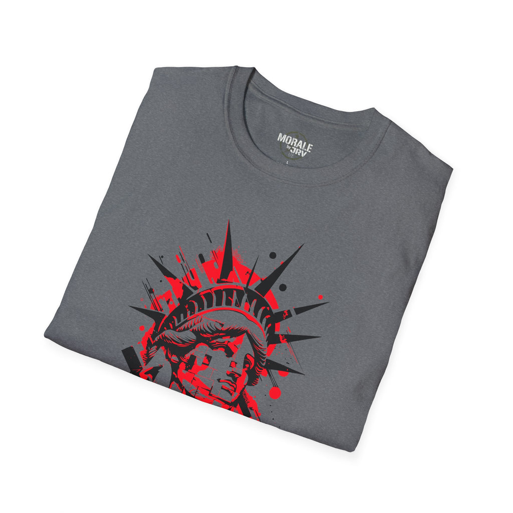 Dark gray Liberty Statue graphic tee with red and black front artwork