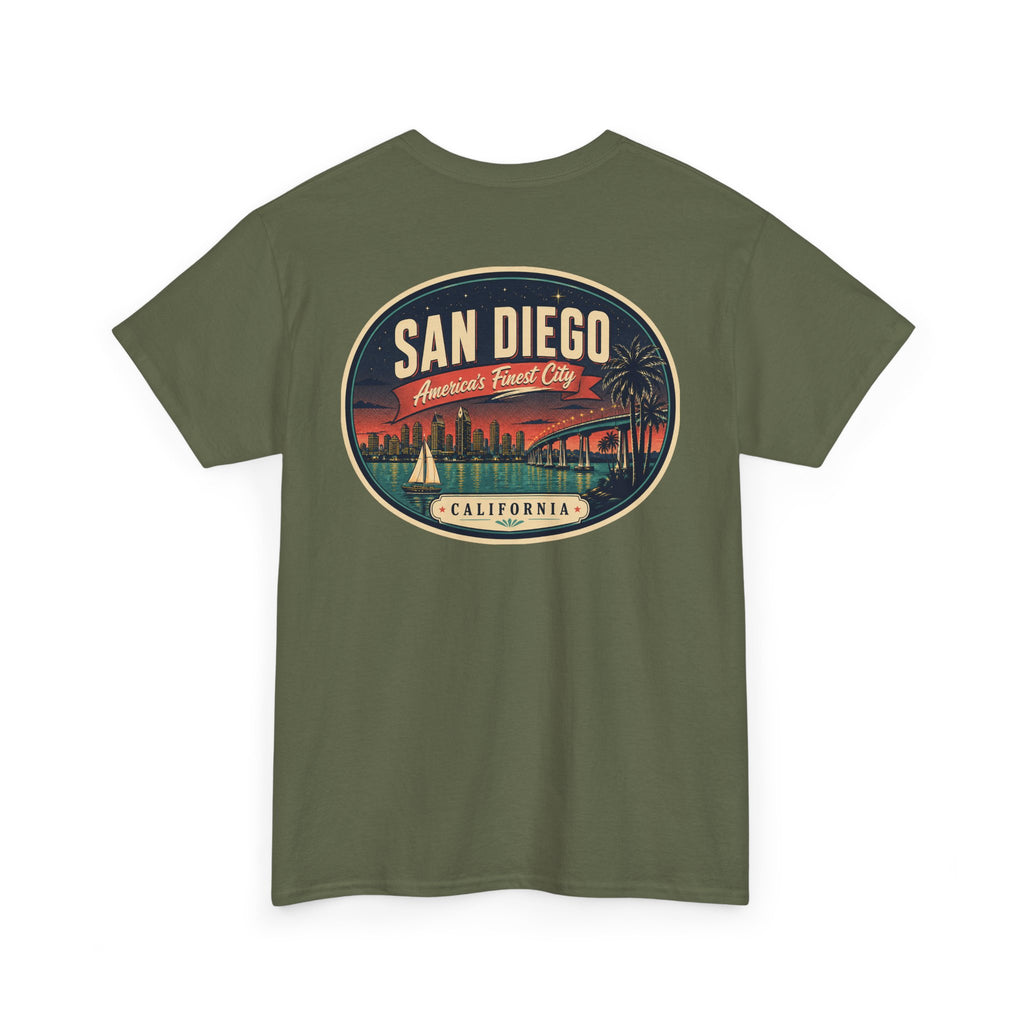 Military green T-shirt with large San Diego city scene oval graphic on back