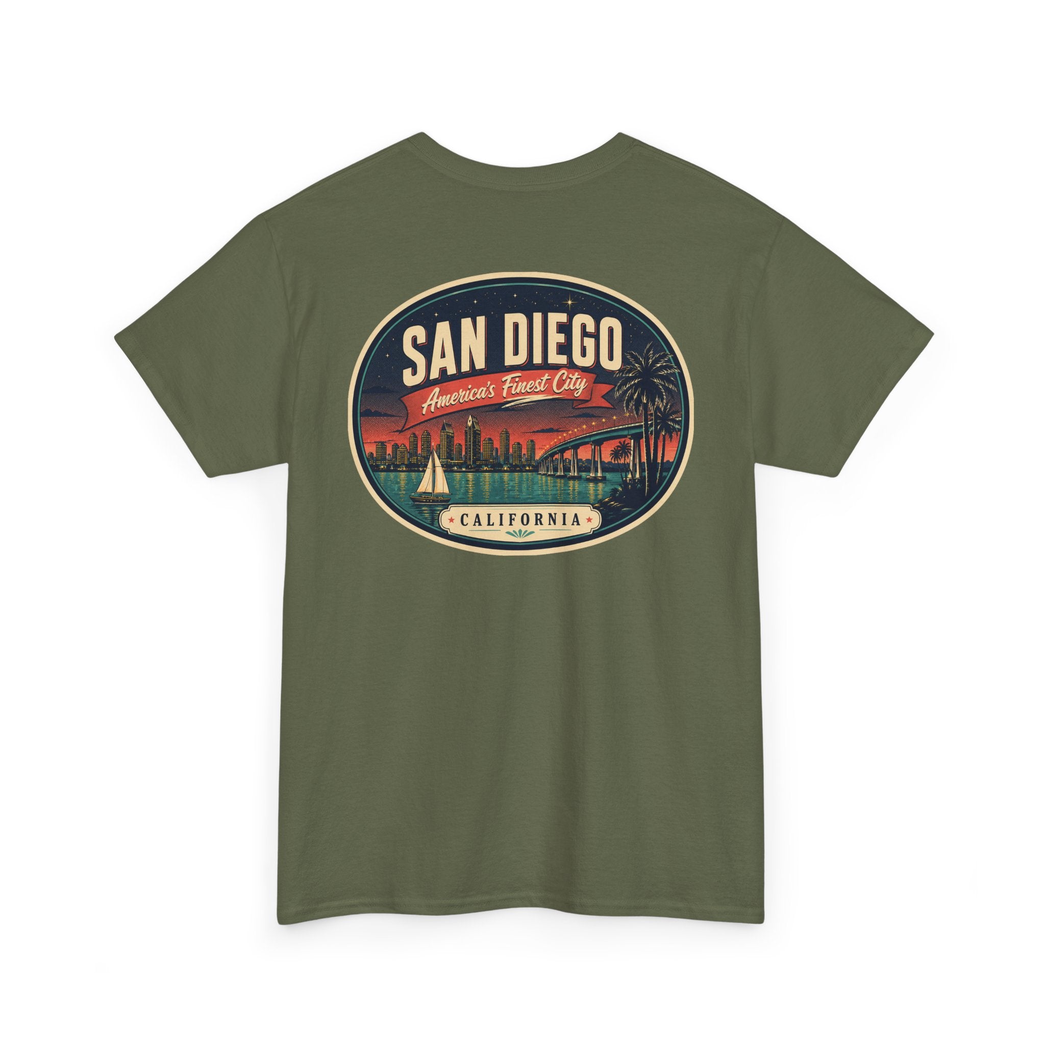 Military green T-shirt with large San Diego city scene oval graphic on back