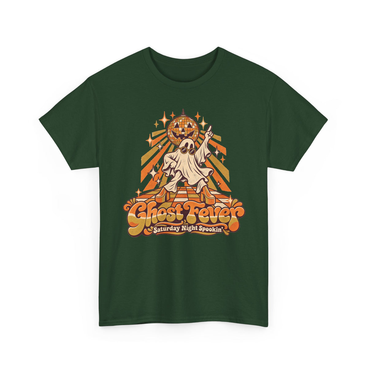 Forest green Halloween graphic t-shirt with dancing ghost, disco ball, and jack-o-lantern art