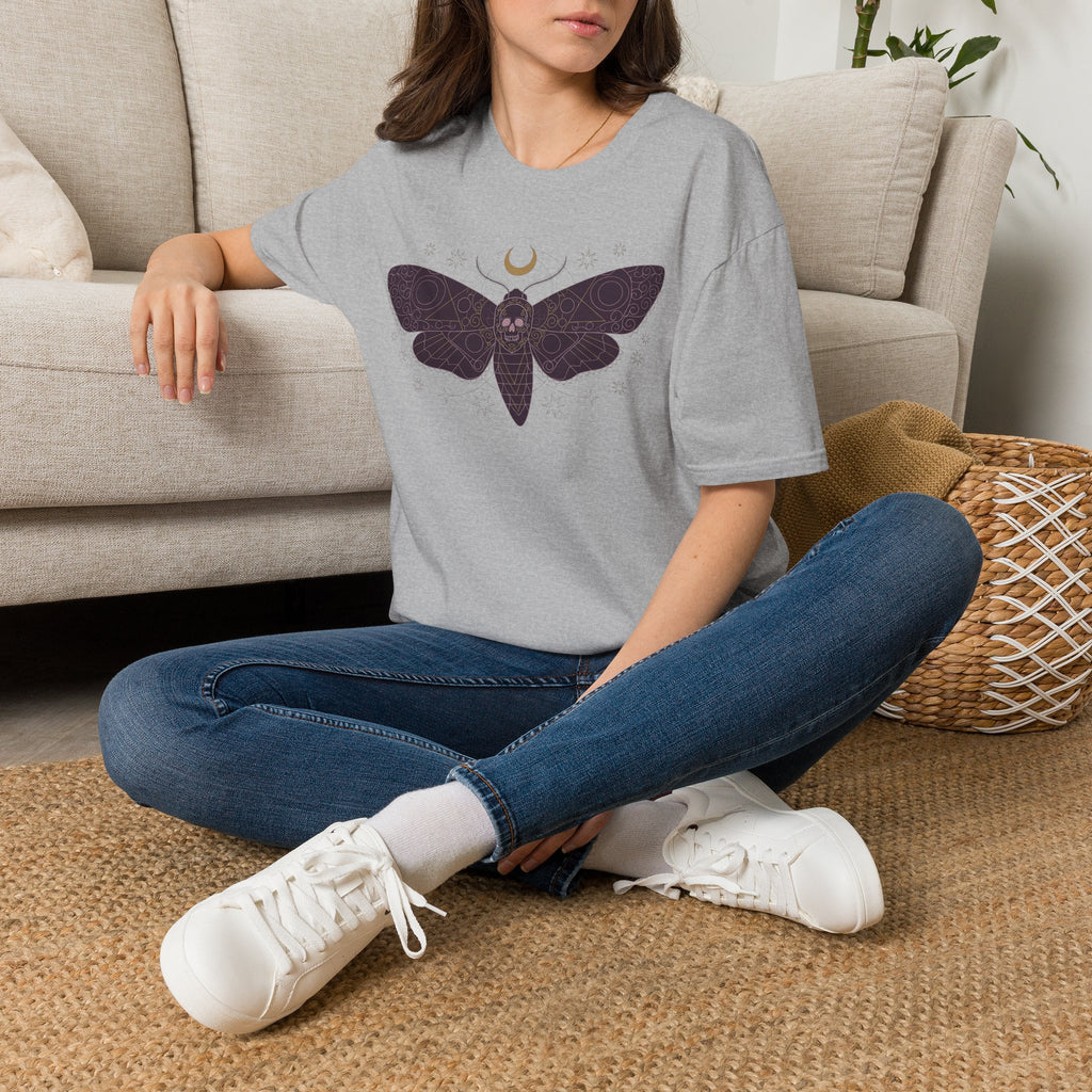 Gray T-shirt with purple moth skull graphic and small crescent moon at the neck