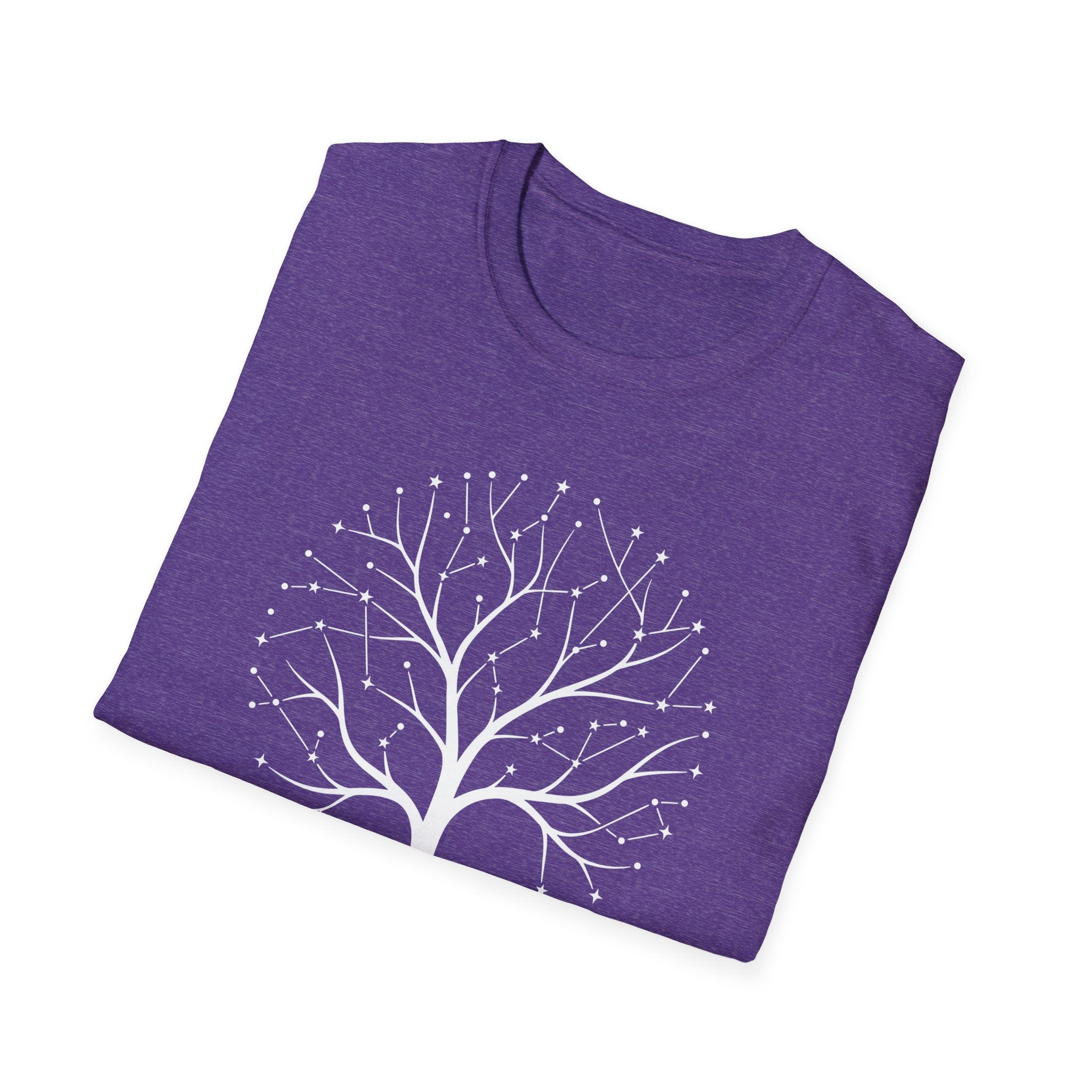 Purple short-sleeve T-shirt with large white starry tree roots graphic
