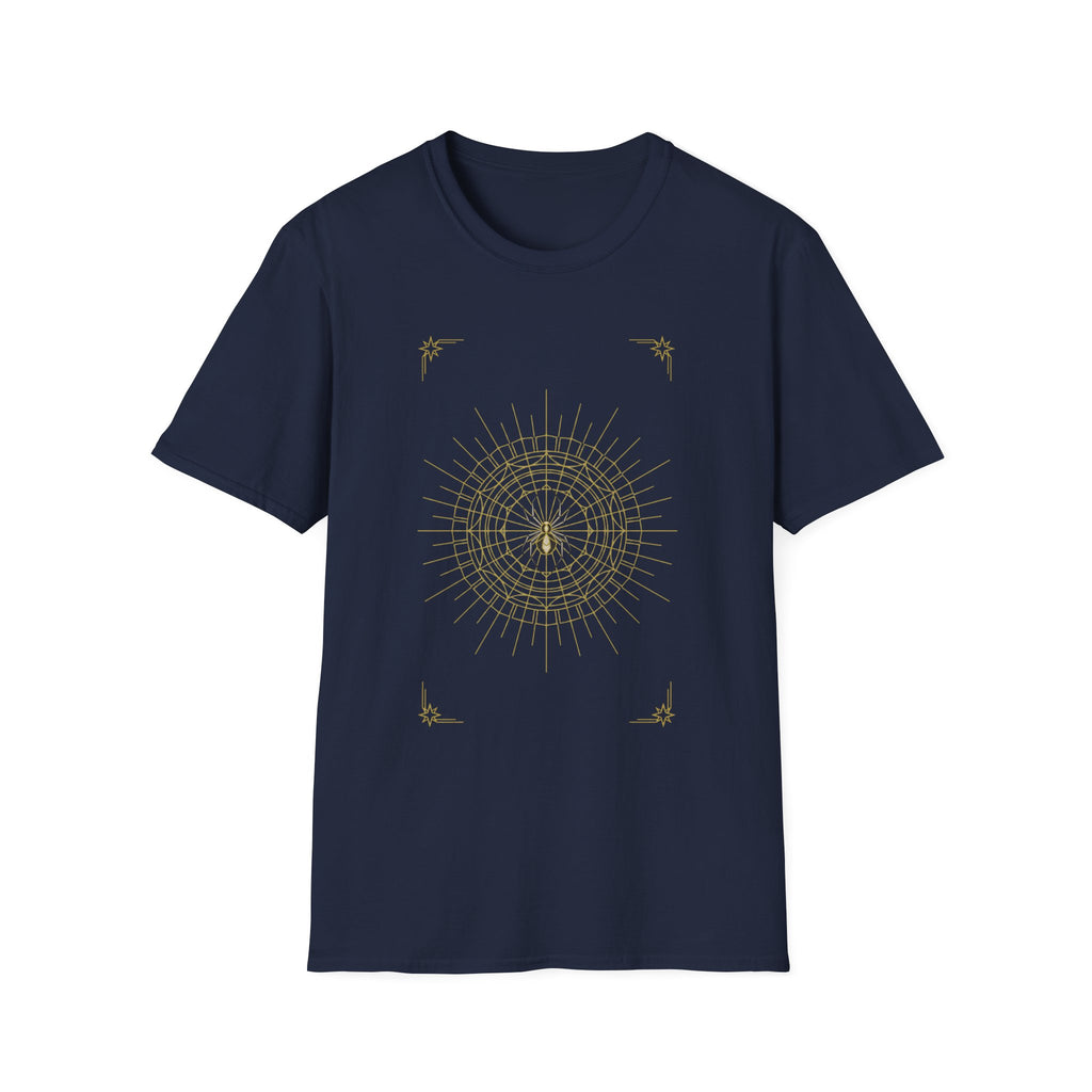 Navy T-shirt with gold web mandala graphic on the front