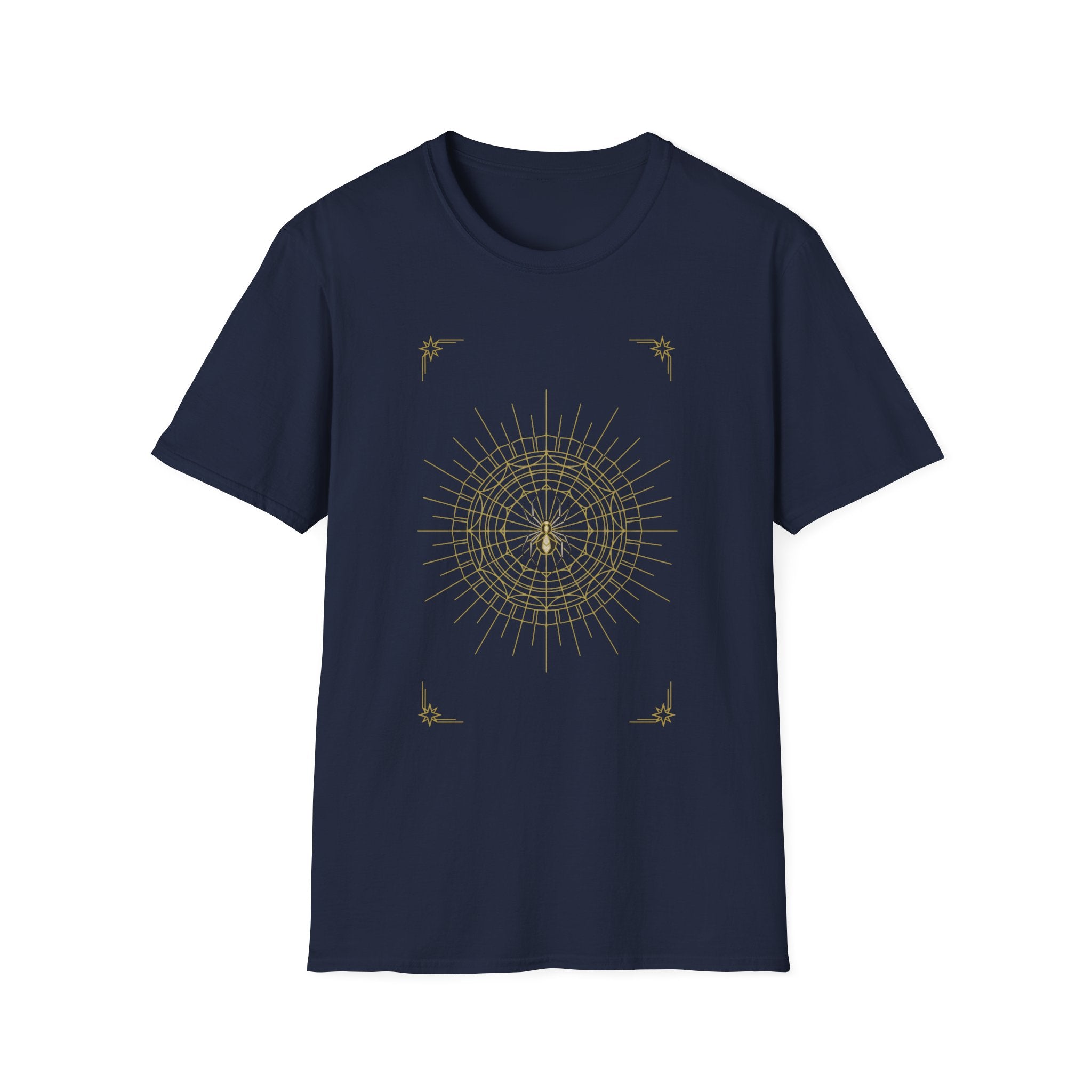 Navy T-shirt with gold web mandala graphic on the front
