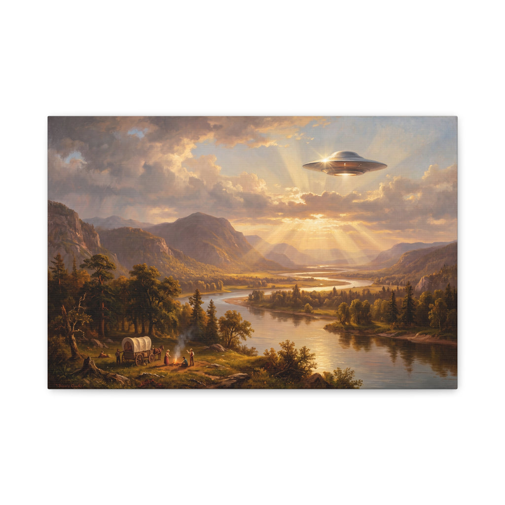 Landscape canvas art of a pastoral river with mountains, trees, and a glowing UFO