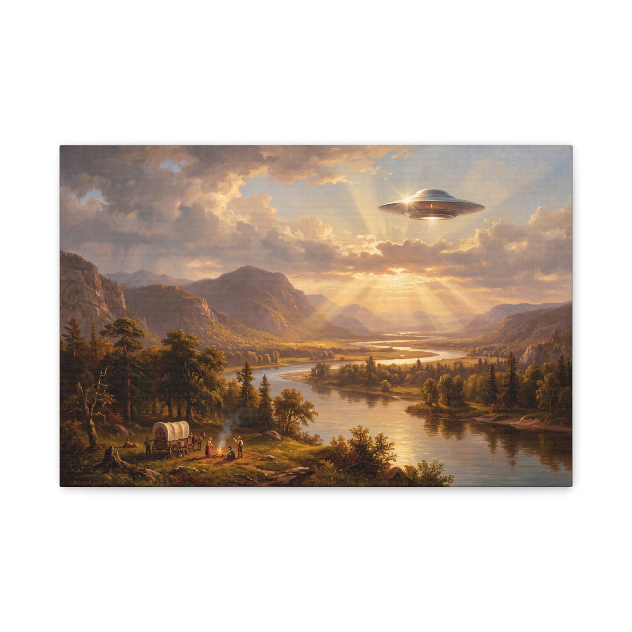 Landscape canvas art of a pastoral river with mountains, trees, and a glowing UFO