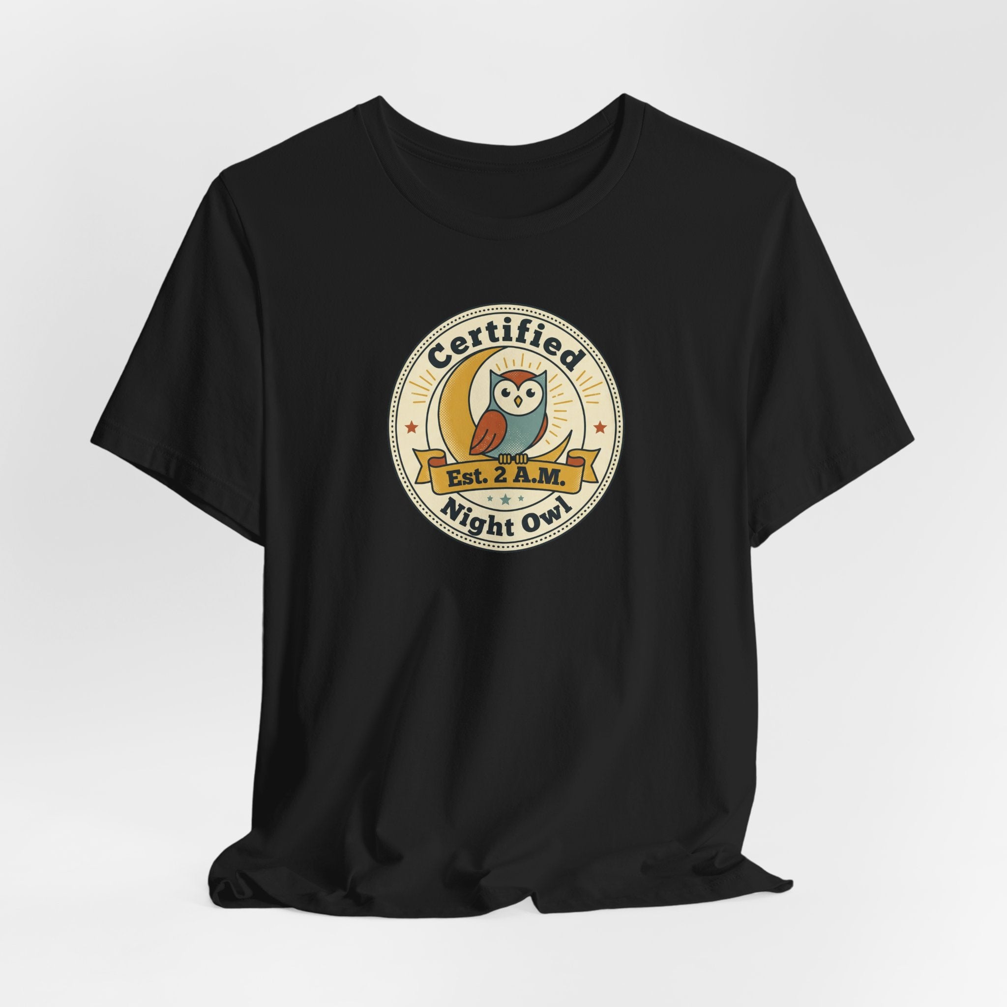 Black Night Owl badge graphic T-shirt with round Certified logo on front