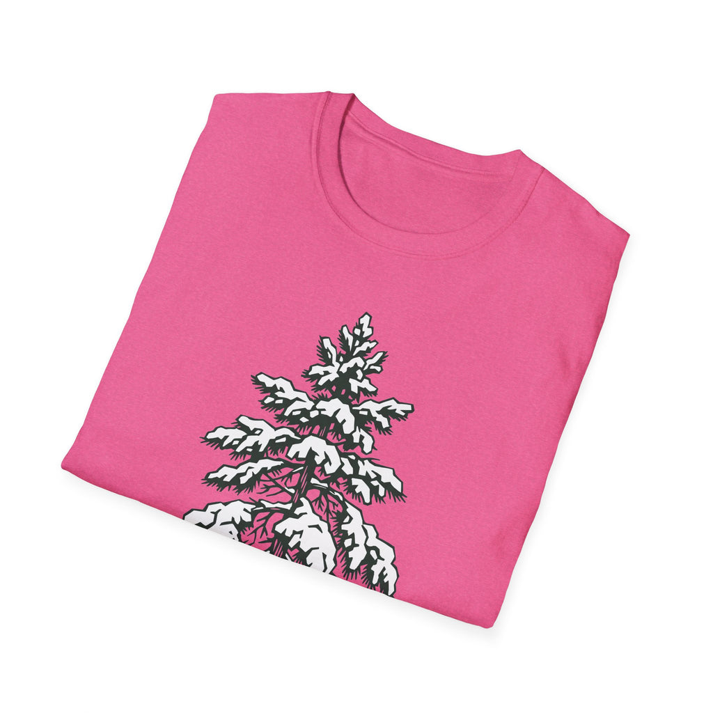 Bright pink T-shirt with snowy pine tree illustration graphic on the front