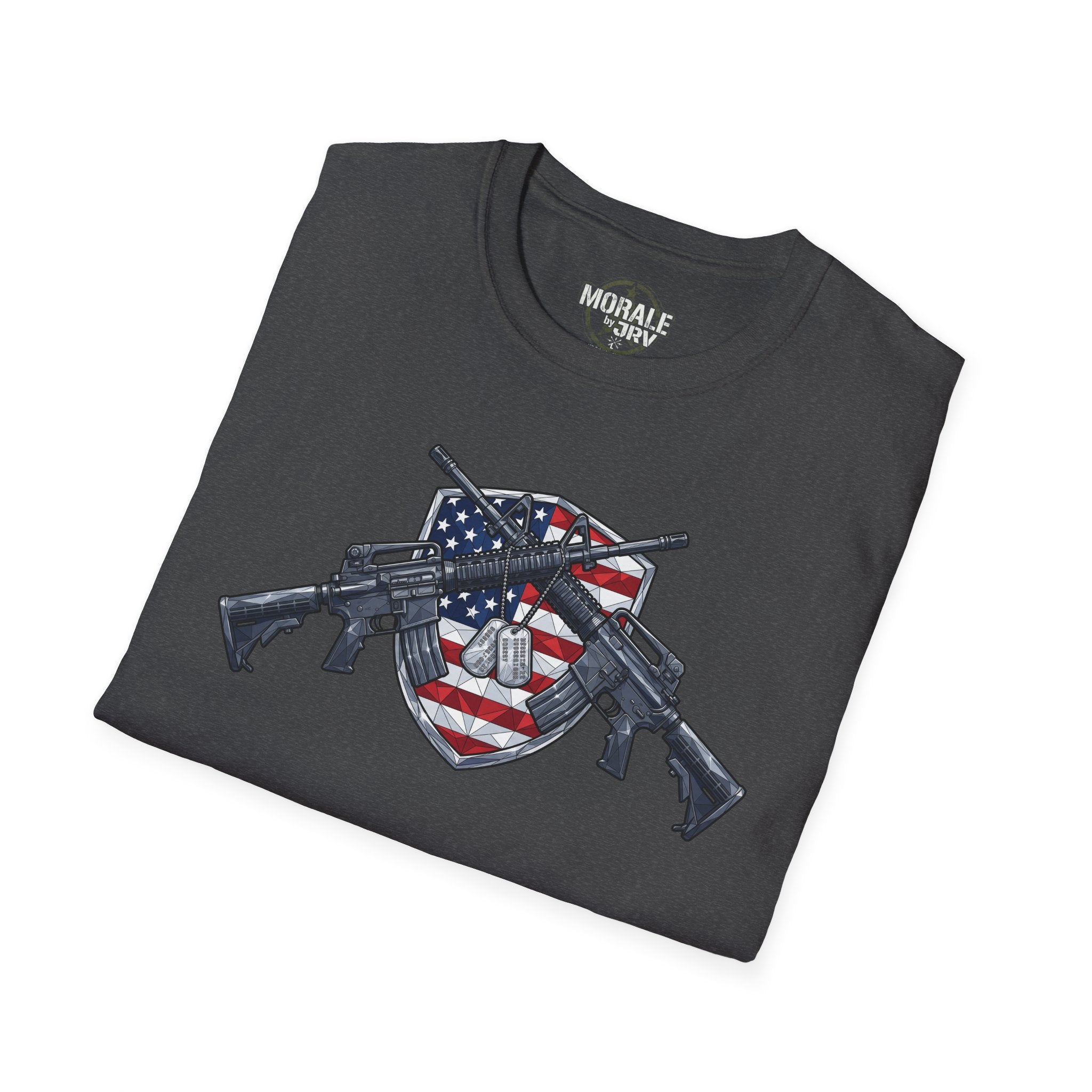 Charcoal T-shirt folded view with shield flag and rifles front graphic