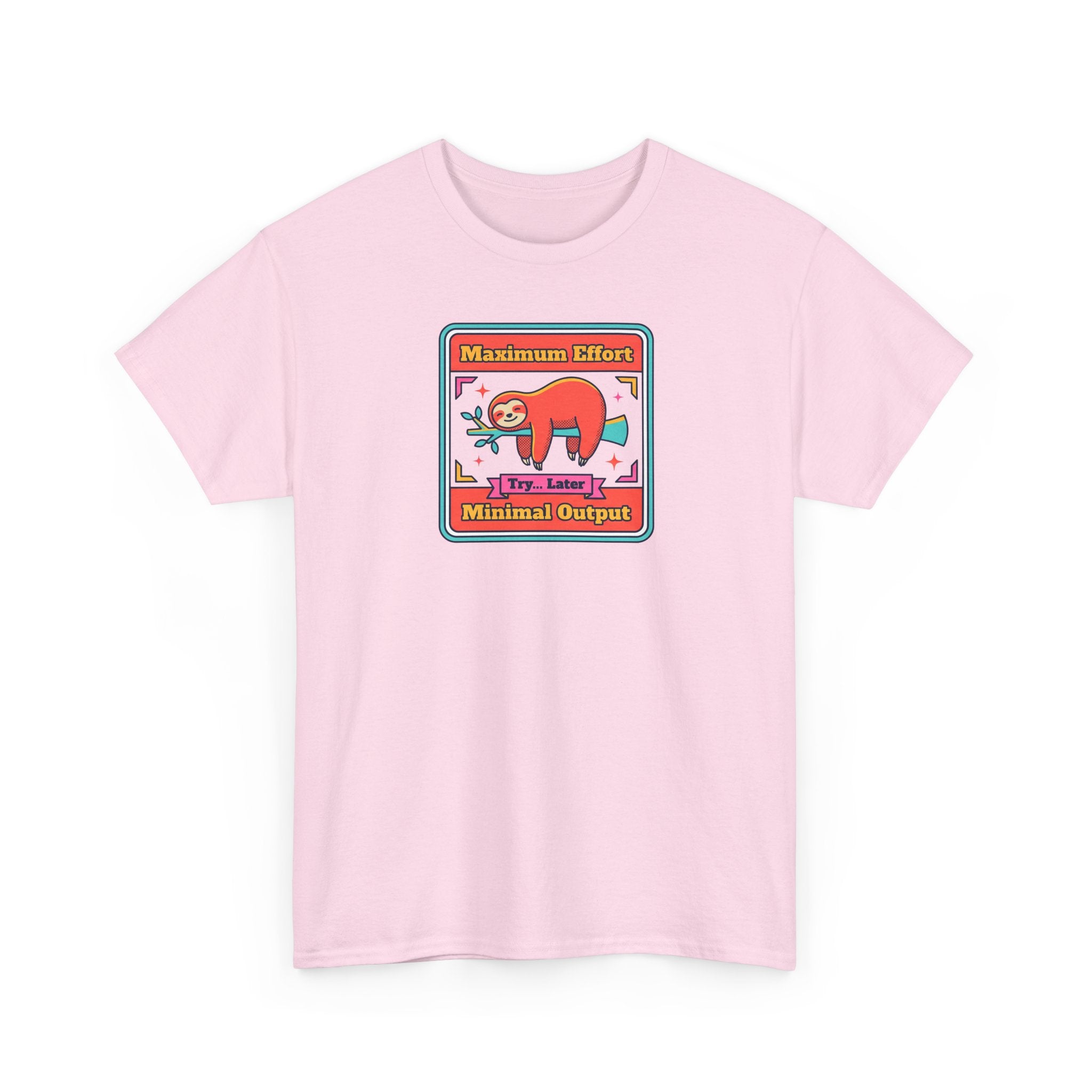 Light pink short-sleeve crewneck T-shirt with sloth graphic