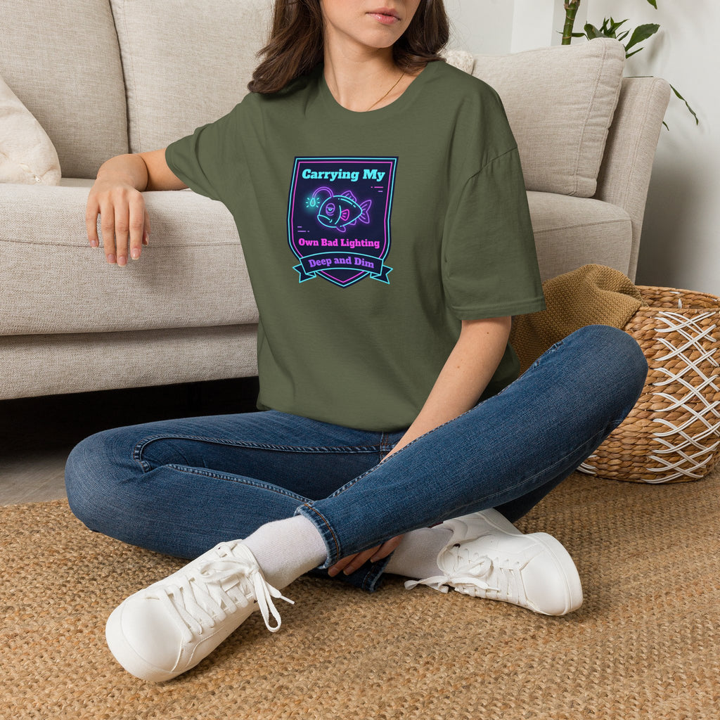 Military green short-sleeve T-shirt with neon anglerfish graphic on chest.