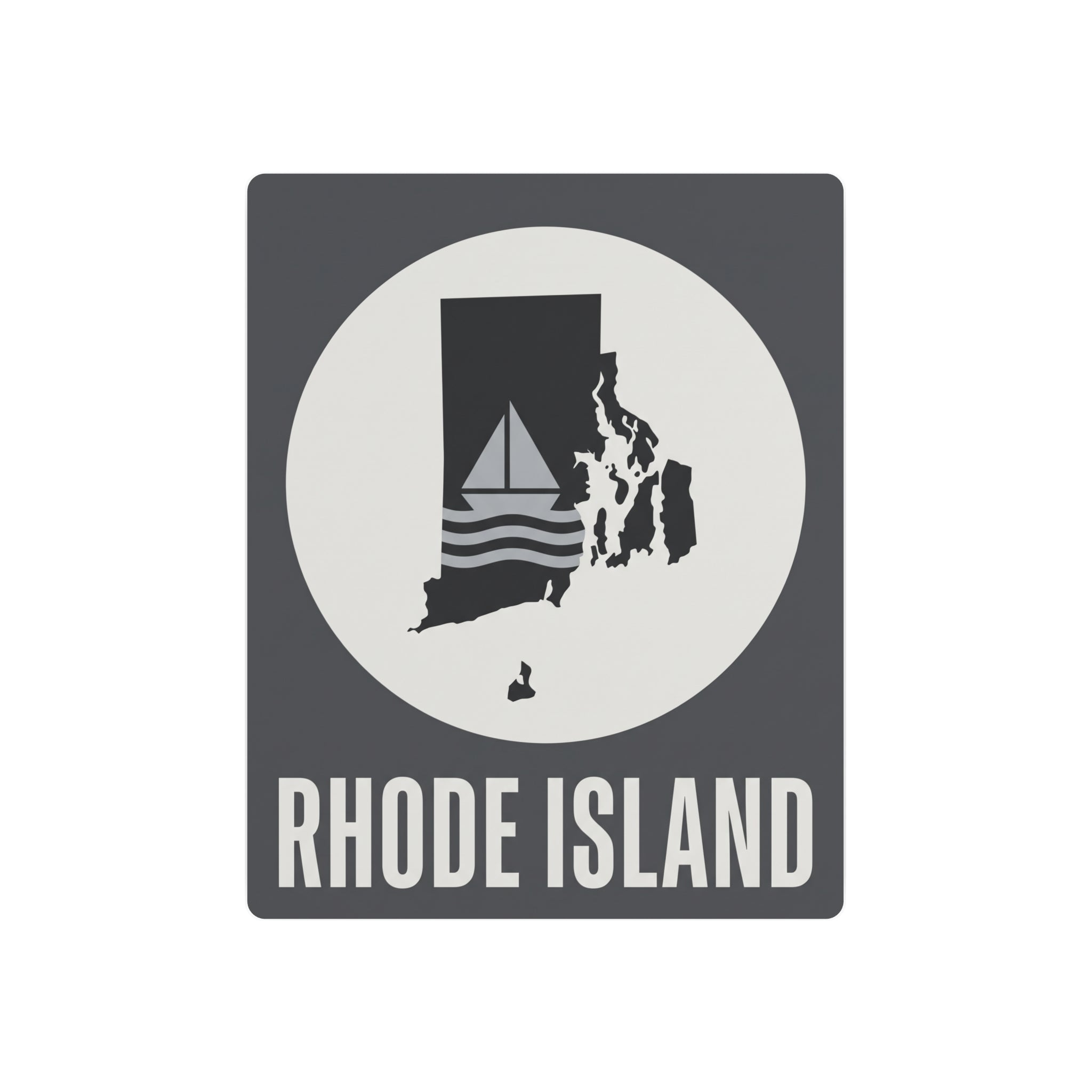 Square metal art sign with white circle Rhode Island sailboat silhouette and "RHODE ISLAND" text