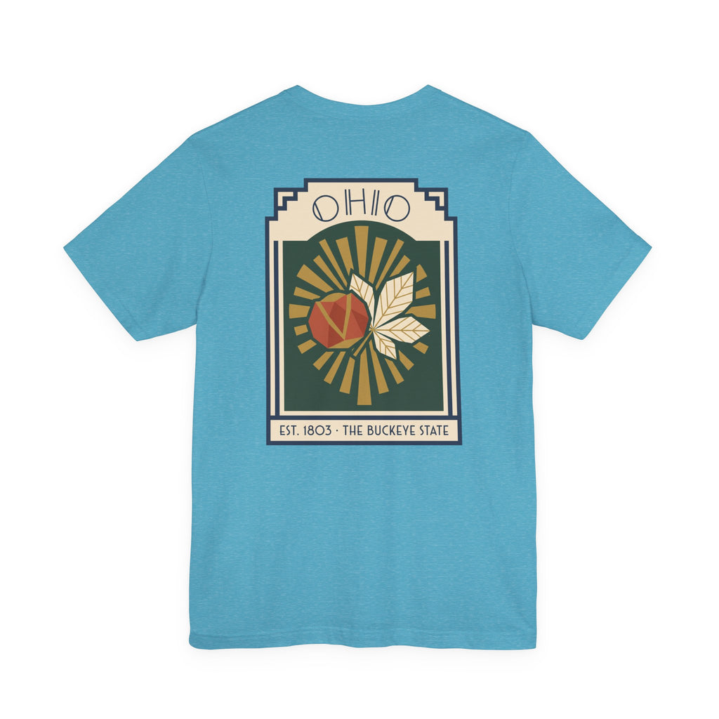 Aqua blue T-shirt with Ohio sunburst art deco graphic front