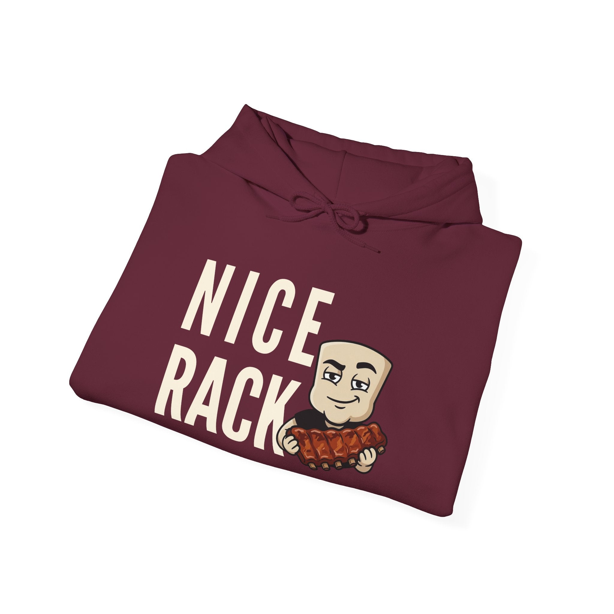 Nice Rack hoodie, maroon with front graphic and “NICE RACK” text.