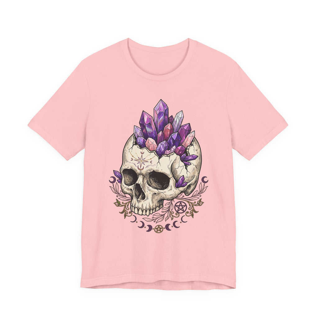 Pink unisex T-shirt featuring purple amethyst crystal skull graphic on front
