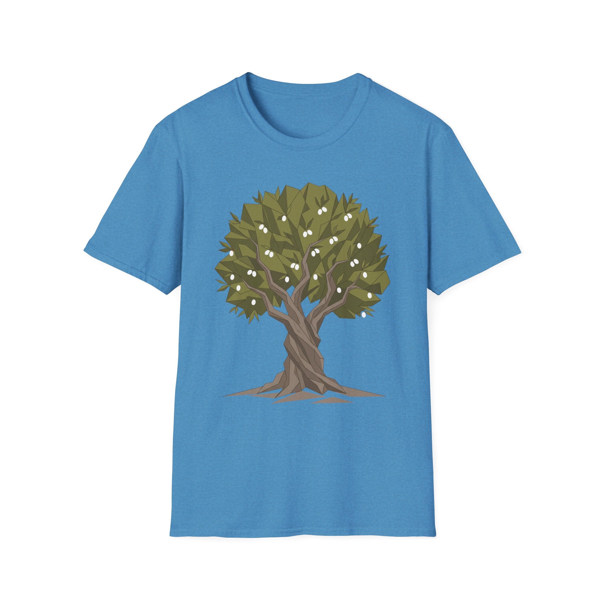 Twisted Olive Tree T-Shirt in blue with twisted tree botanical graphic and olive leaves