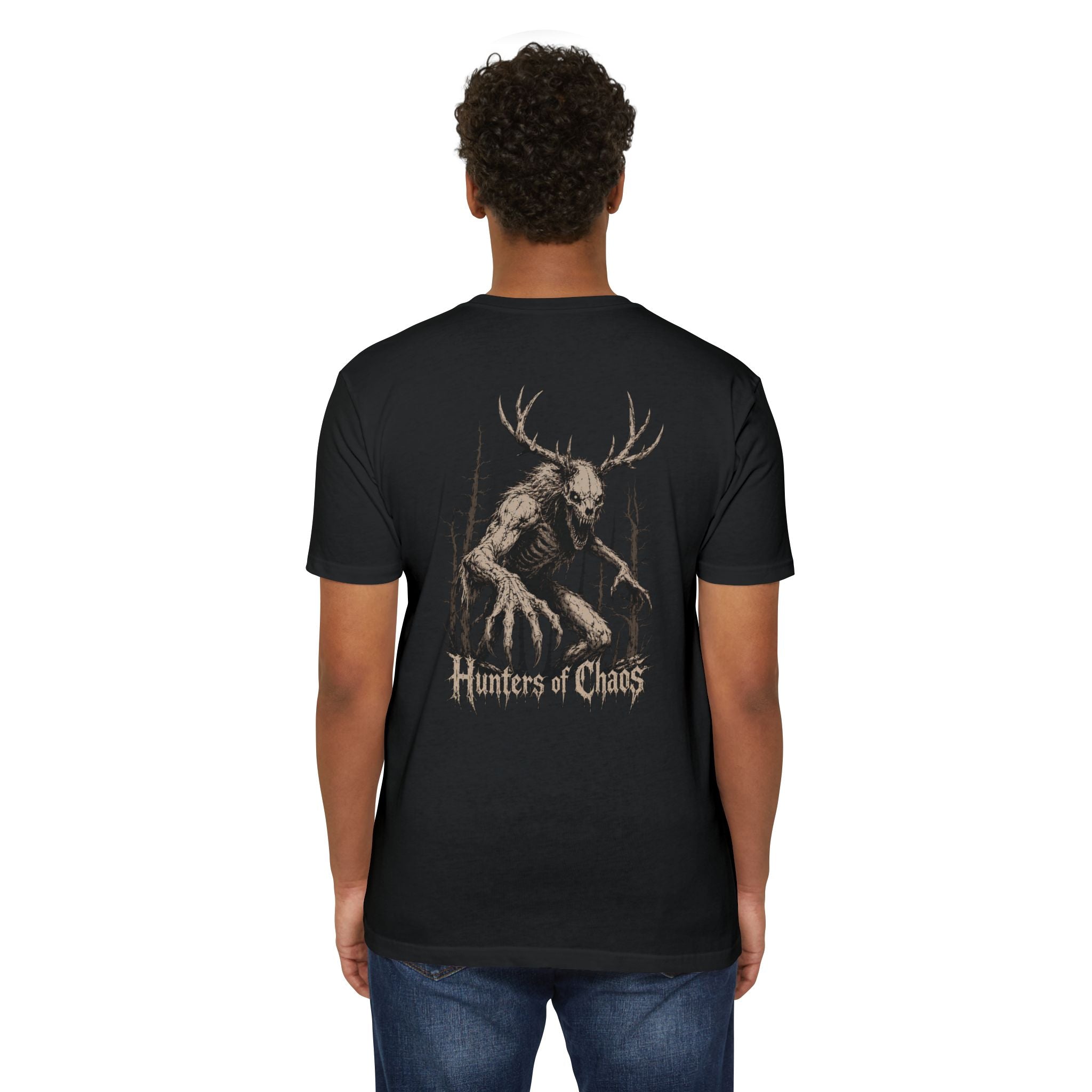 Black crewneck T-shirt with large deer-antler graphic and Hunters of Chaos text on back.