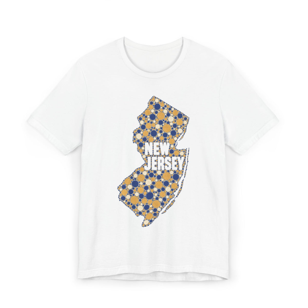 White T-shirt with speckled floral New Jersey map graphic and “NEW JERSEY” text