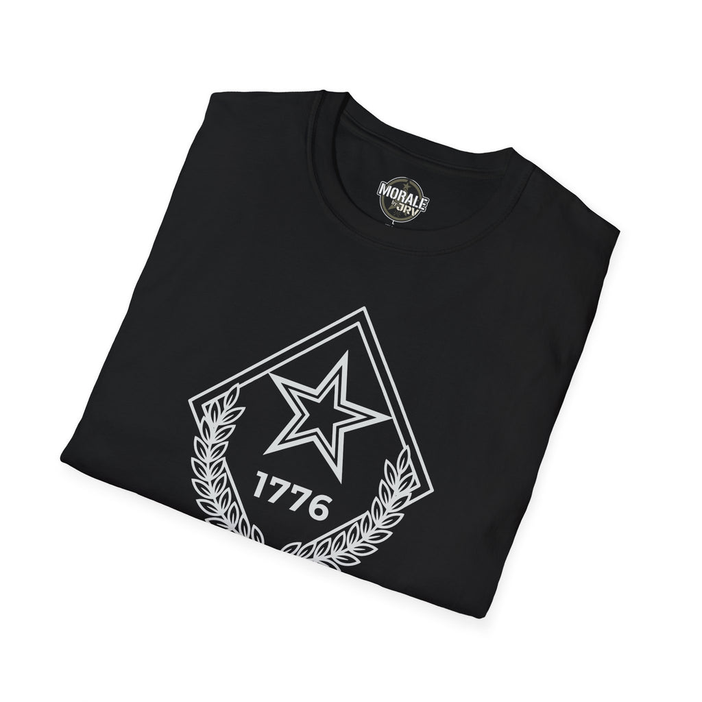 Black T-shirt with 1776 star and laurel emblem graphic