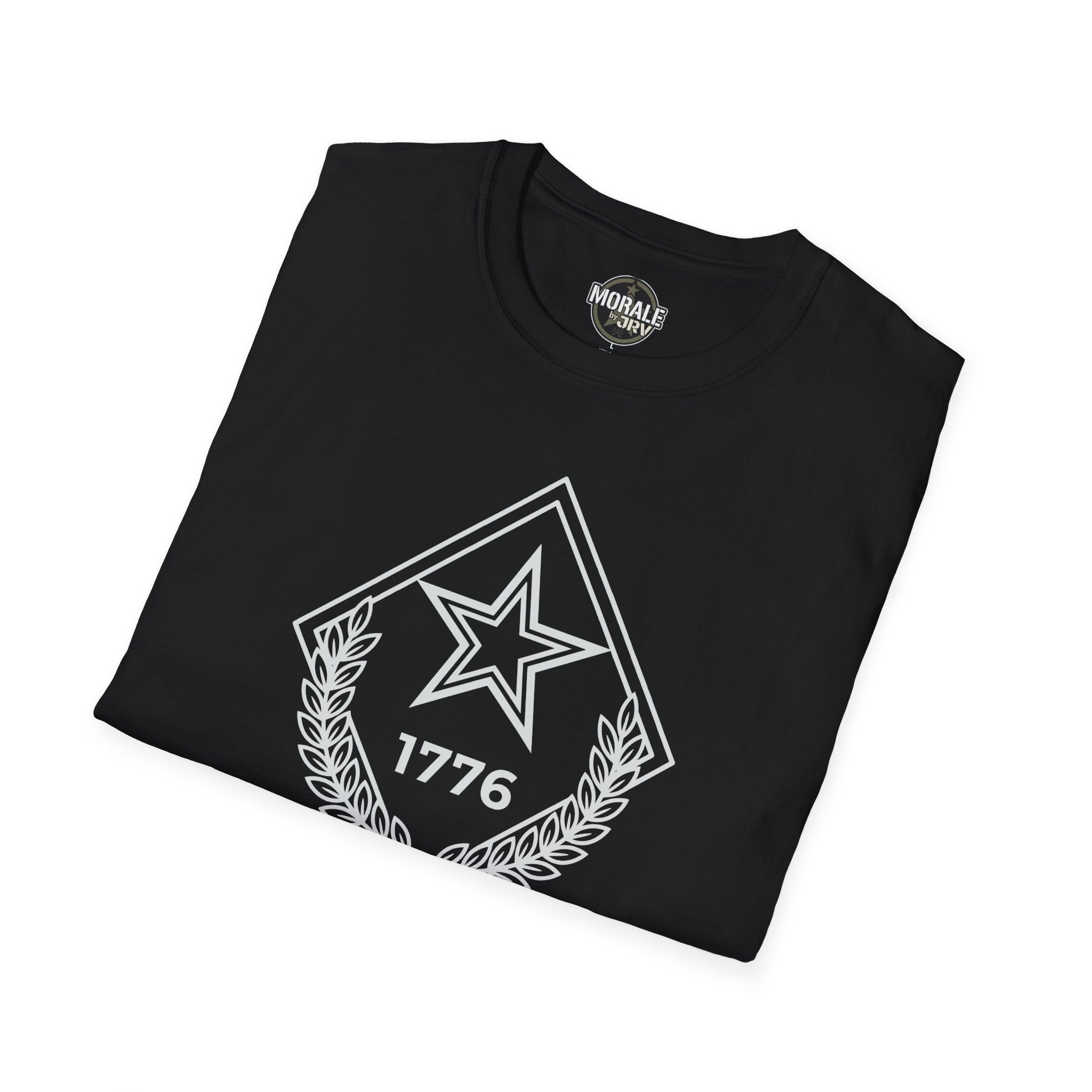 Black T-shirt with 1776 star and laurel emblem graphic