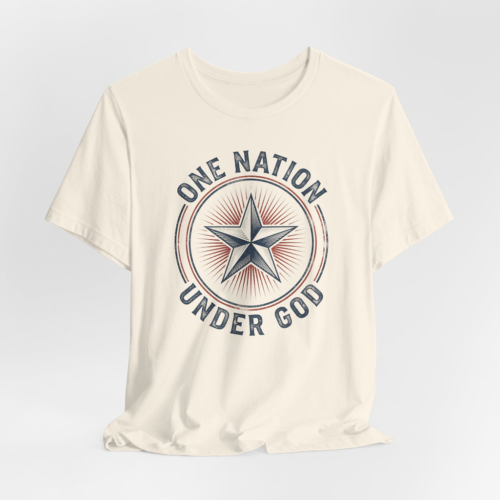 Natural short-sleeve T-shirt with circular star graphic reading 'ONE NATION UNDER GOD'