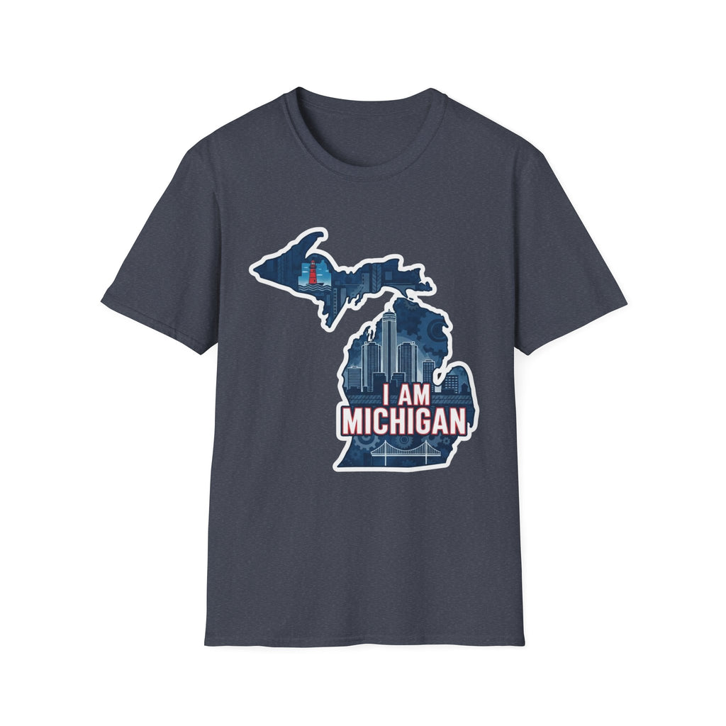 I Am Michigan T-shirt, heather navy crew neck with Michigan map skyline graphic