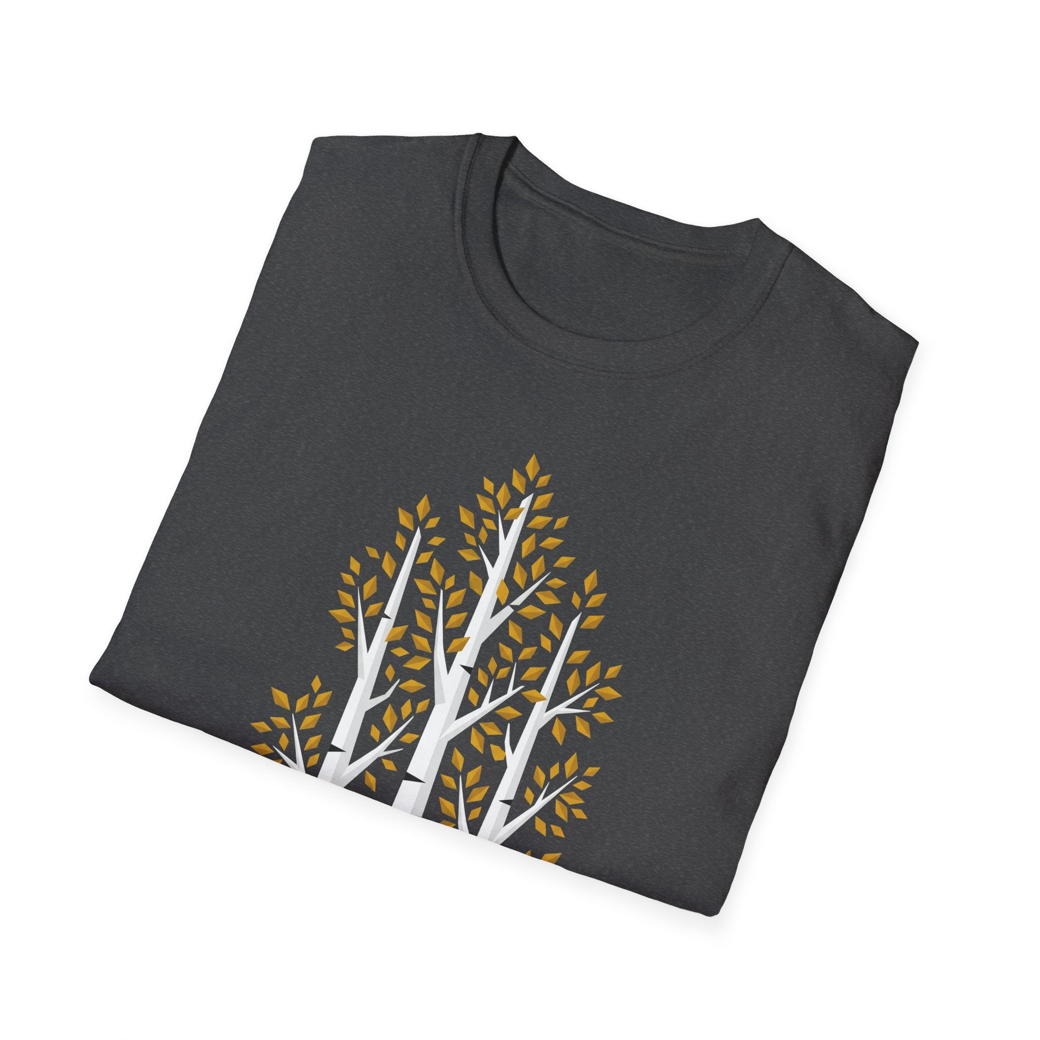 Dunkelgraues T-Shirt, Vorderdruck mit Bäumen und goldenen Herbstblättern