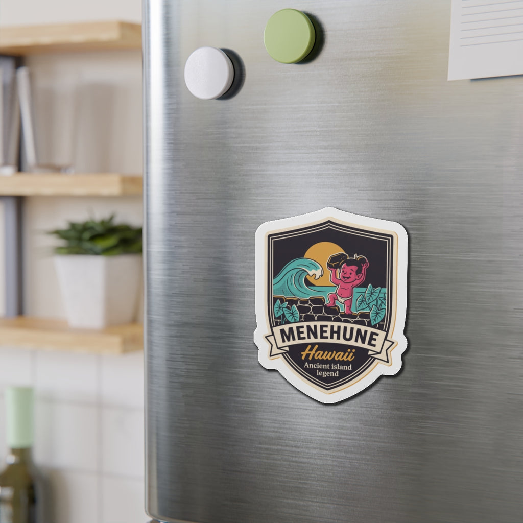 Shield die-cut magnet with cartoon figure, ocean waves, plants, and dark logo lettering
