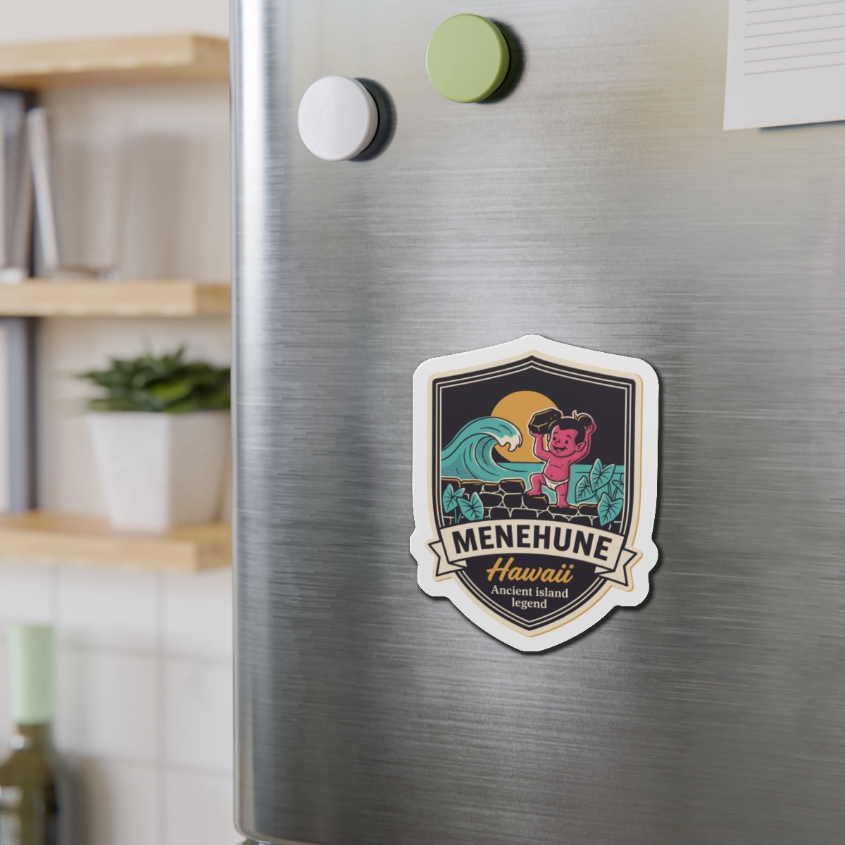 Shield die-cut magnet with cartoon figure, ocean waves, plants, and dark logo lettering