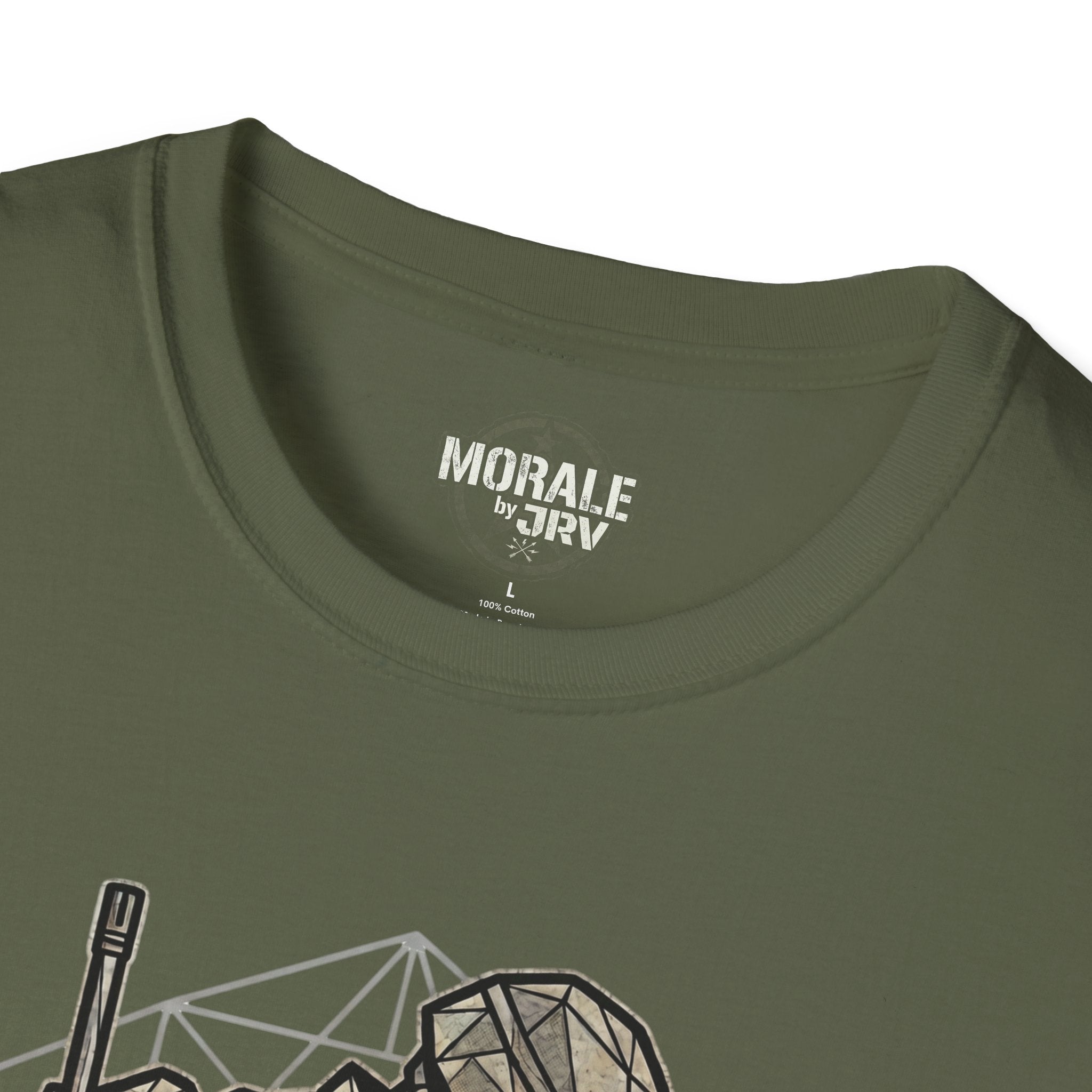 Military green T-shirt neckline with “MORALE by JTRI” label