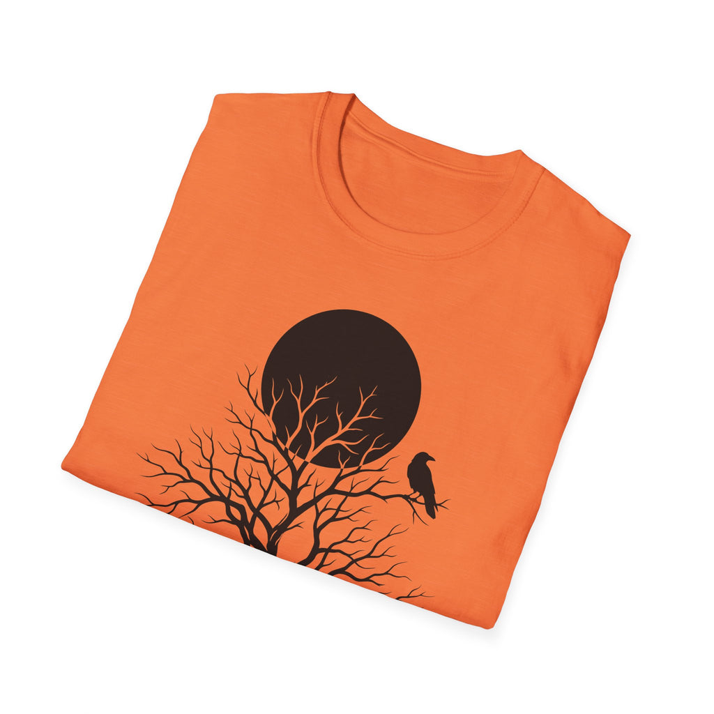 Orange T-shirt with black moon and tree silhouette with perched bird