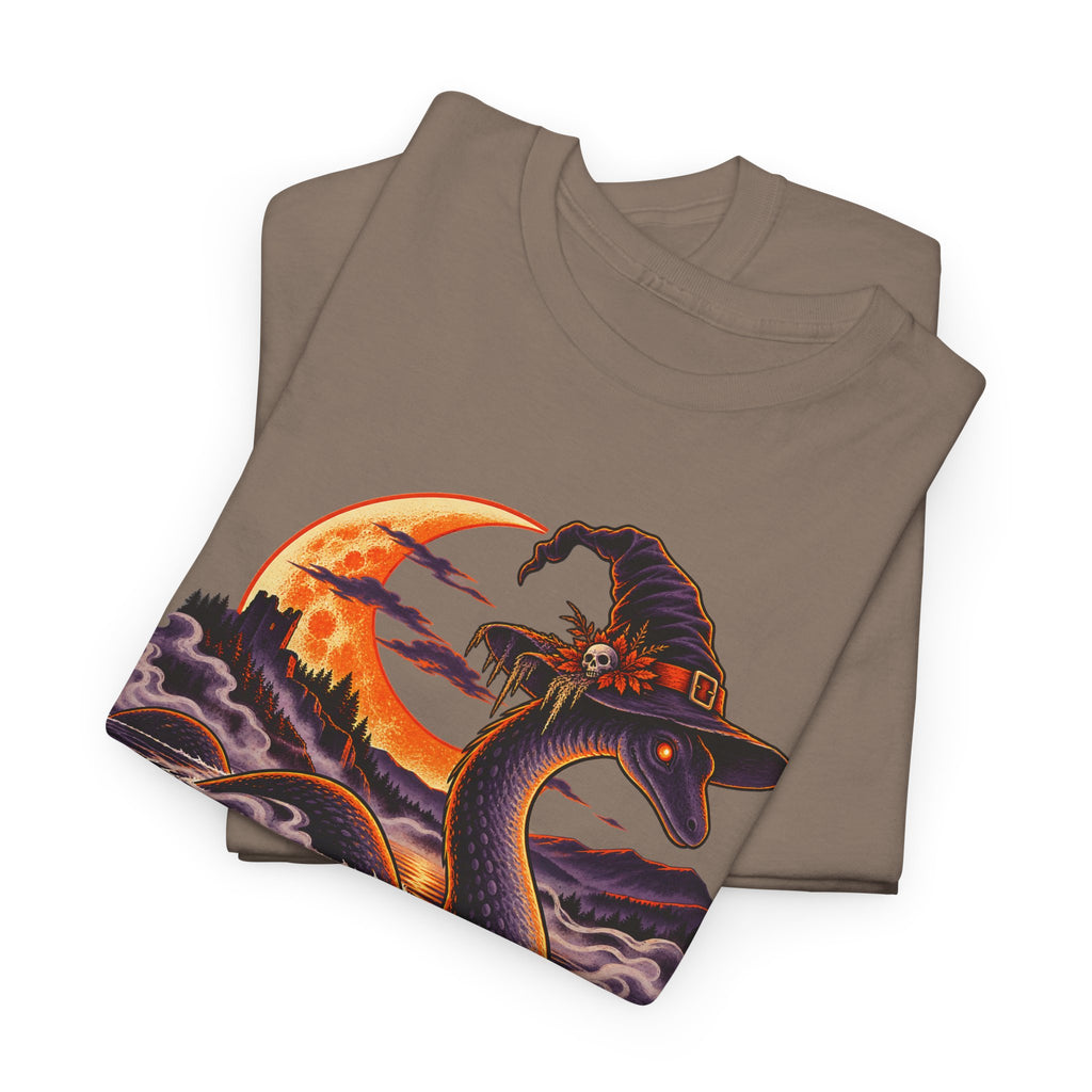 Brown crewneck t-shirt with colorful cryptid-and-witch graphic on the front.