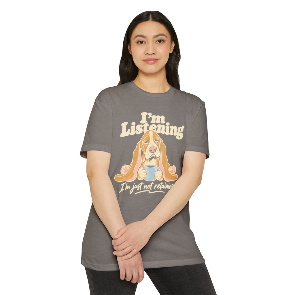 Dark gray dog lover graphic T-shirt with basset hound and “I'm Listening” text