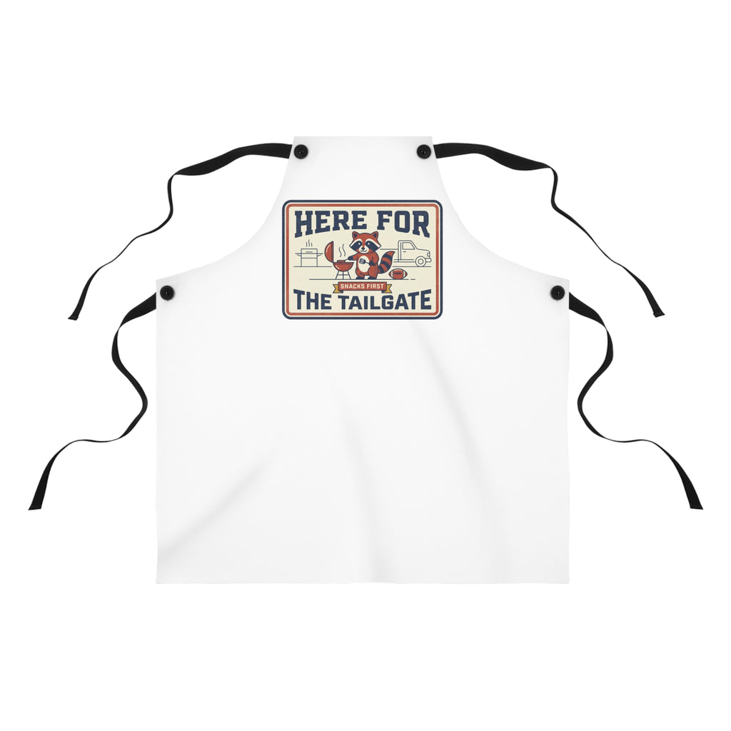White BBQ apron with black neck straps and centered raccoon tailgate graphic