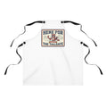White BBQ apron with black neck straps and centered raccoon tailgate graphic