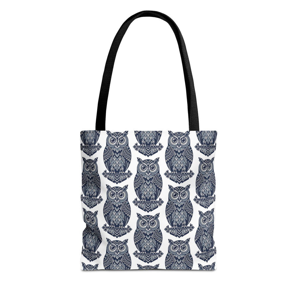 Navy owl pattern tote bag with dark handles, repeating blue-and-white owl illustrations