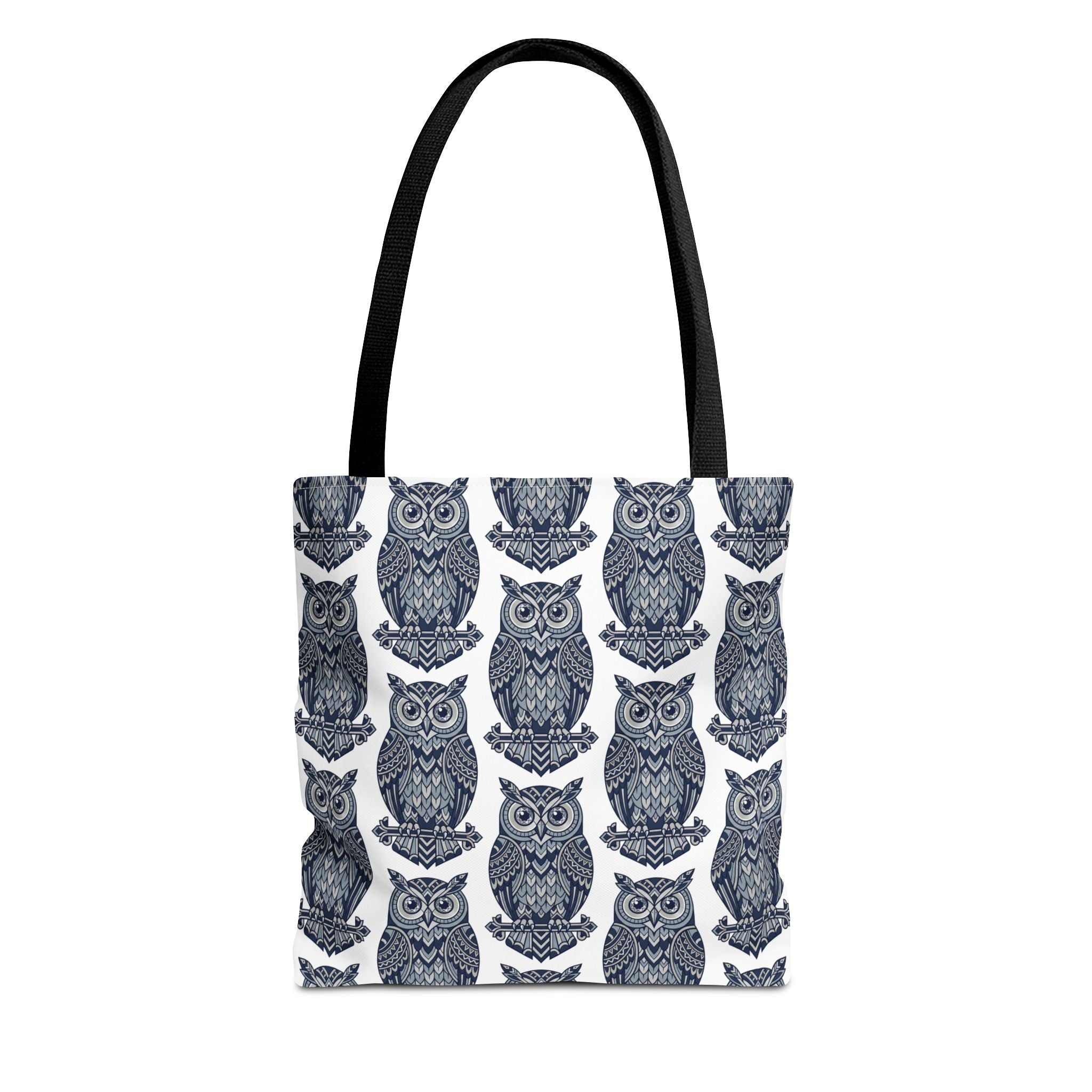 Navy owl pattern tote bag with dark handles, repeating blue-and-white owl illustrations