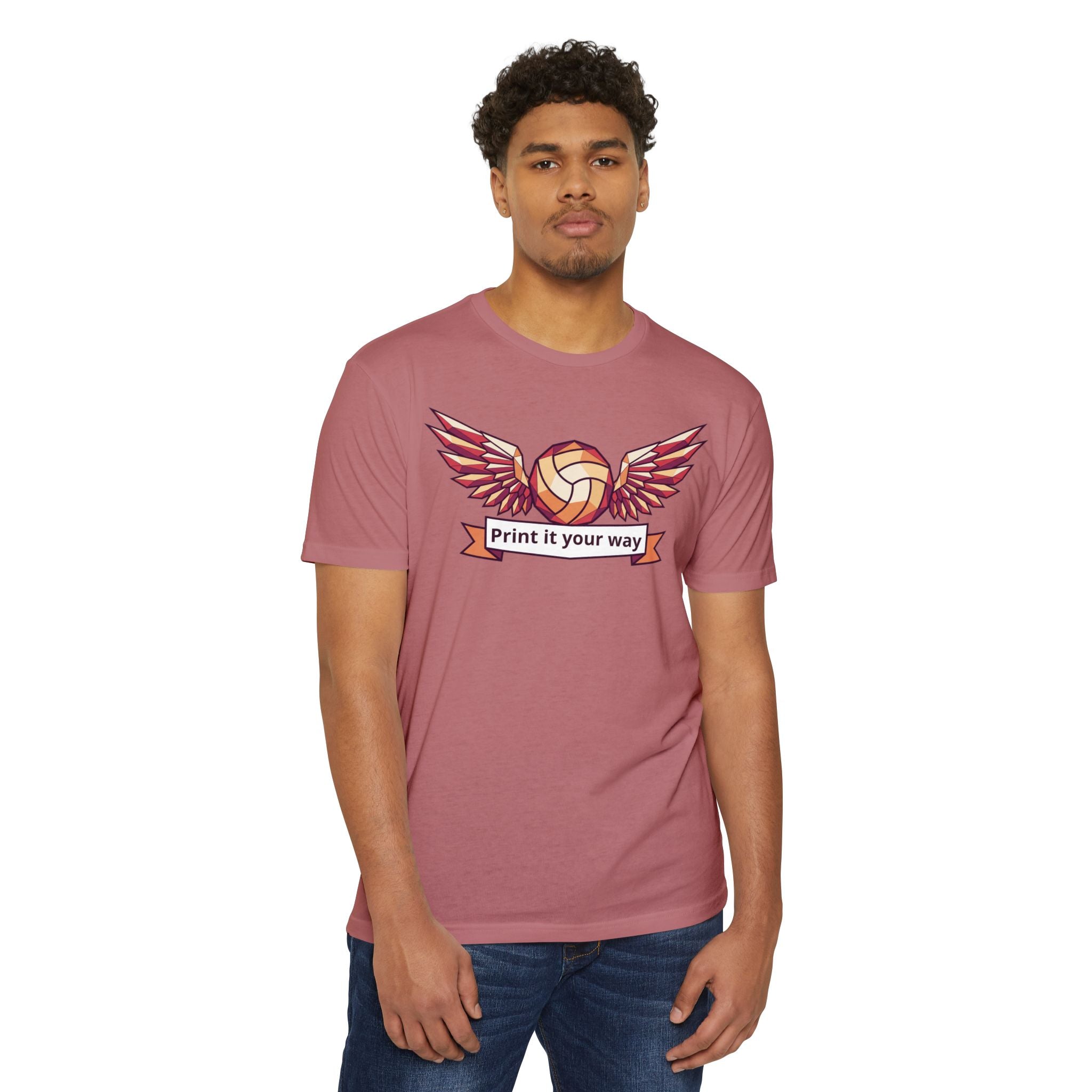 Unisex volleyball T-shirt in mauve with winged volleyball graphic on chest.