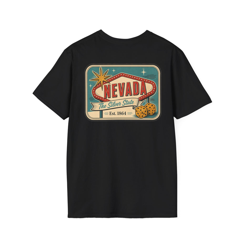 Black T-shirt with Nevada luggage tag graphic print on the front