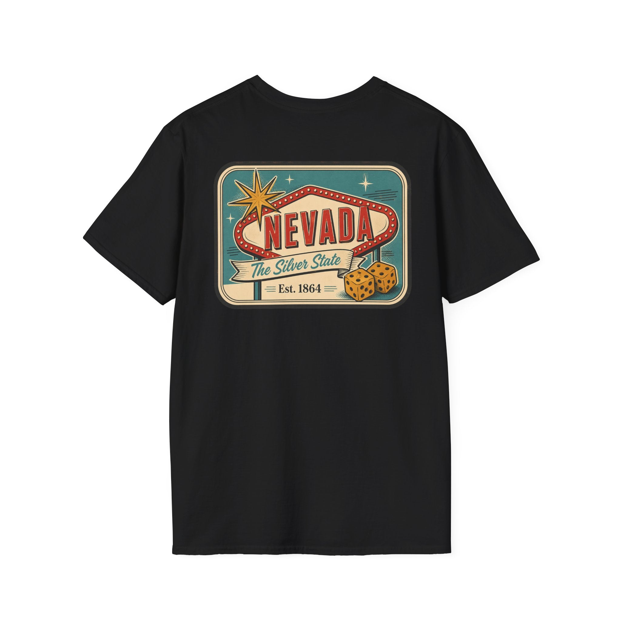 Black T-shirt with Nevada luggage tag graphic print on the front