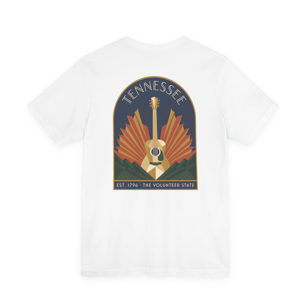 White short-sleeve T-shirt with Tennessee text and guitar in center-back graphic.