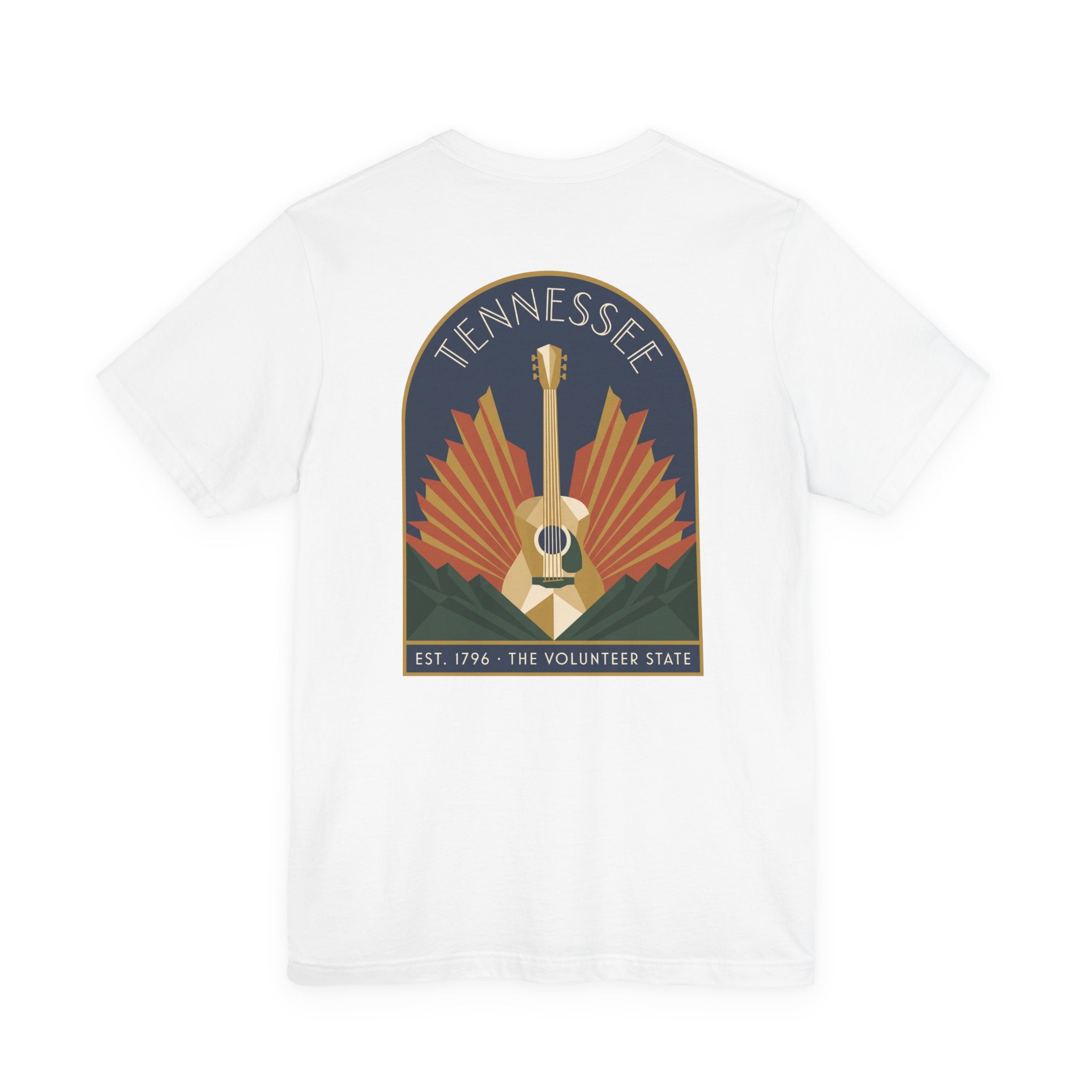 White short-sleeve T-shirt with Tennessee text and guitar in center-back graphic.