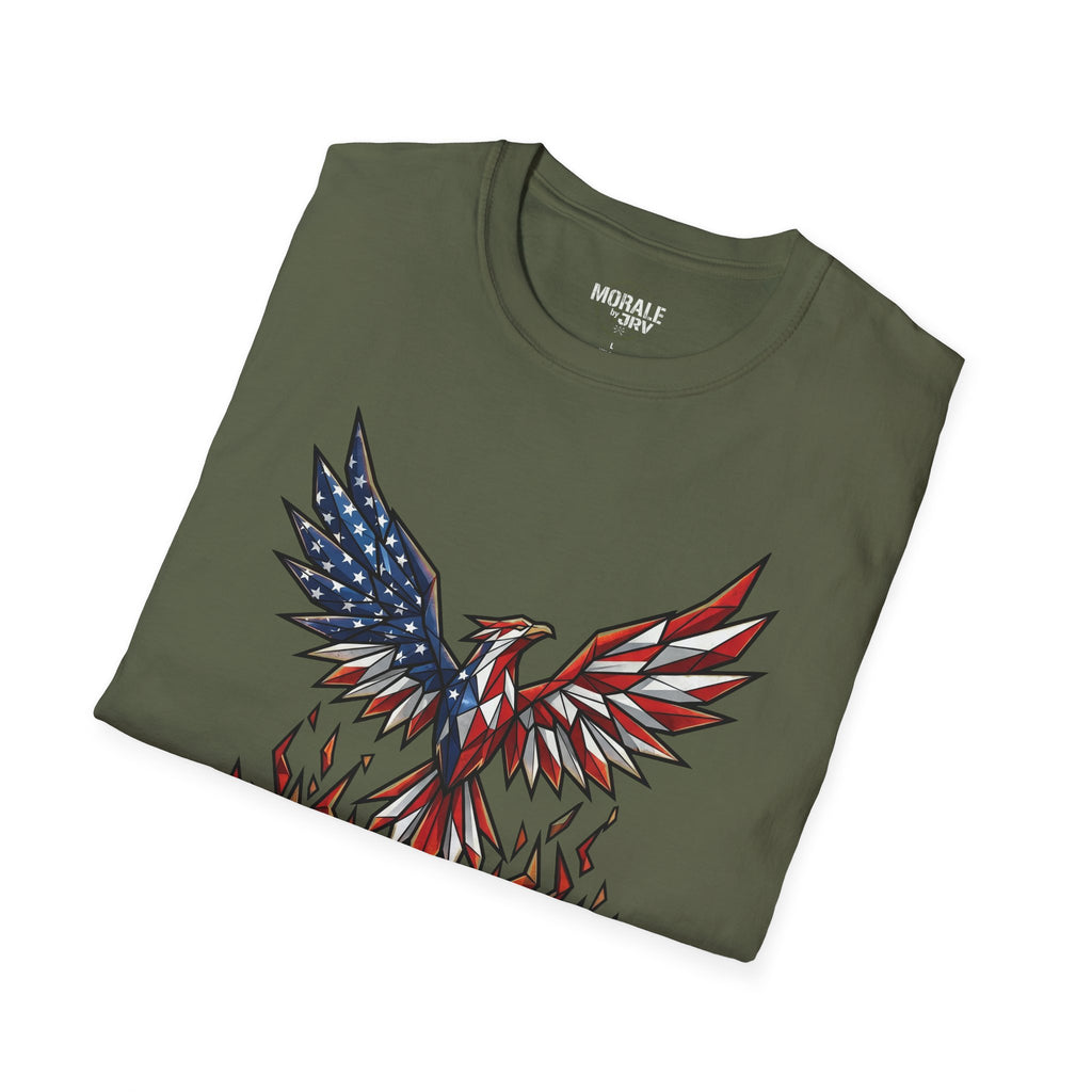 American Flag Phoenix Unbroken T-Shirt, military green tee with patriotic eagle graphic