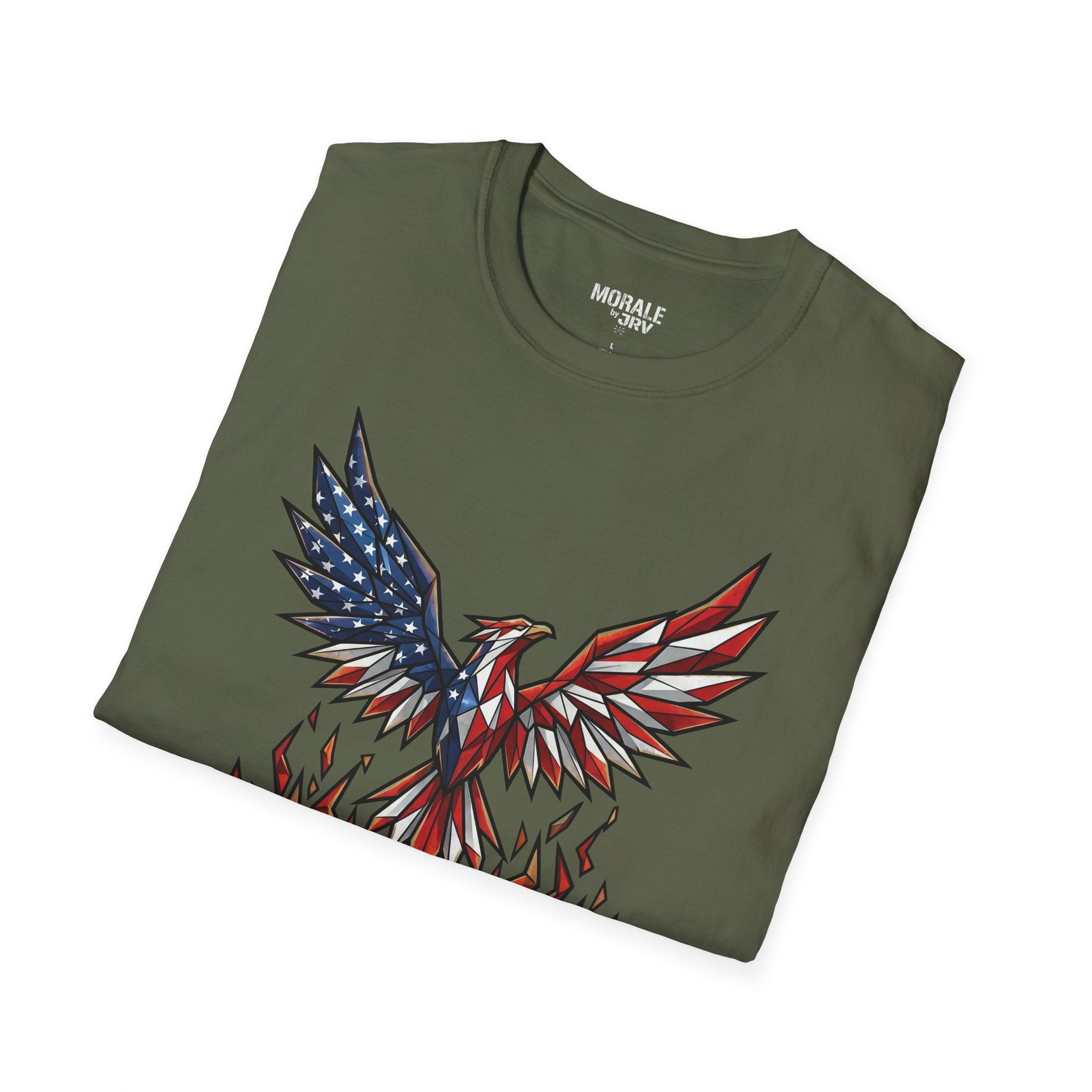 American Flag Phoenix Unbroken T-Shirt, military green tee with patriotic eagle graphic